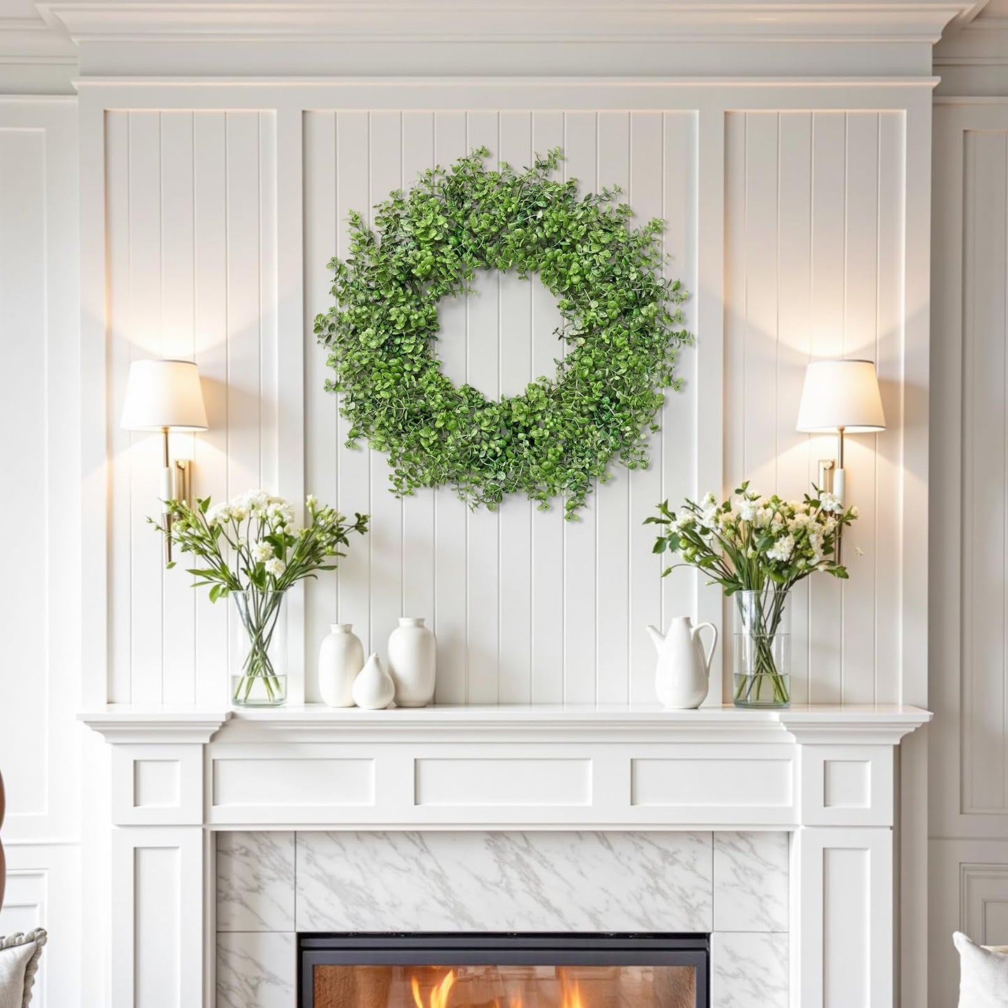Dremisland Boxwood Wreaths for Front Door, 22 Inch Spring Wreath with Green Eucalyptus Boxwood Leaves Greenery Wreaths for Farmhouse Wall Hanging Window Indoor Outdoor Spring Summer All Seasons
