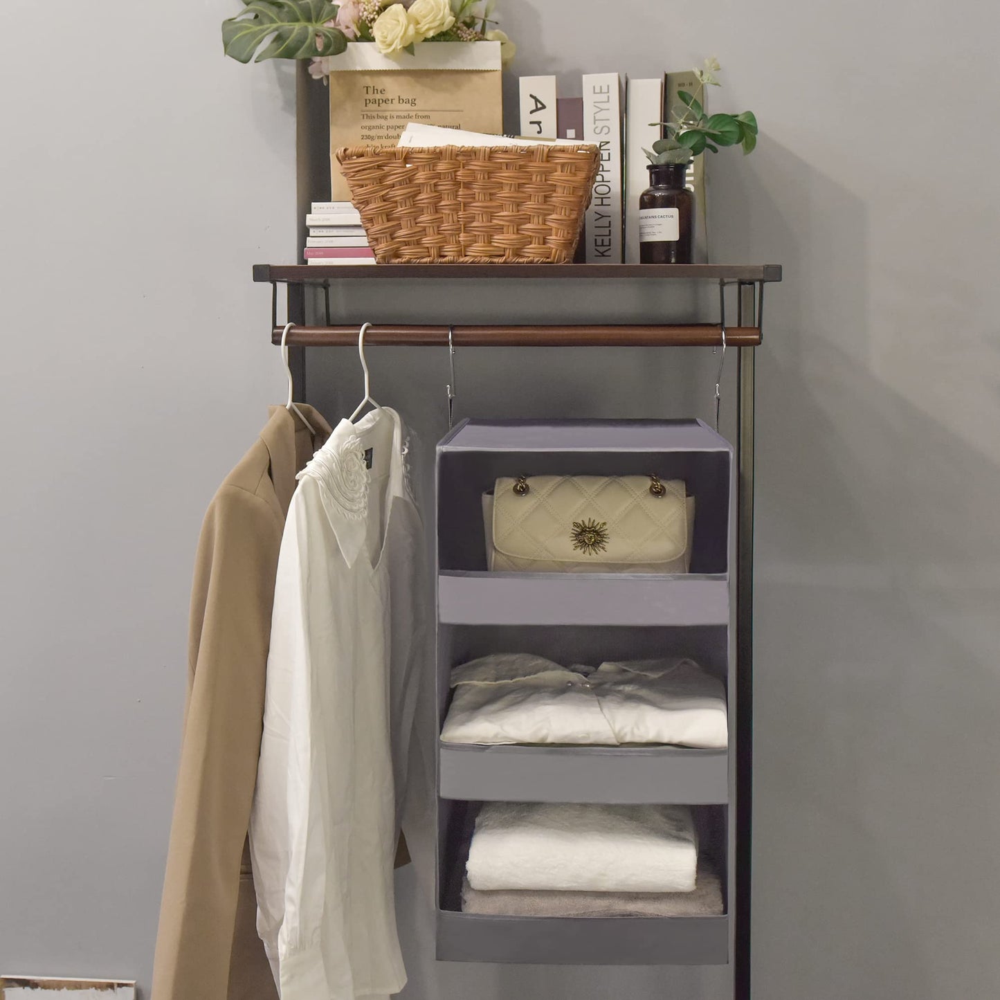 GRANNY SAYS 3-Shelf Closet Hanging Organizers, Pack of 2 Hanging Storage Shelves, Garde Robe Organisation, Foldable Hanging Closet Storage Organizer, Short Hanging Shelf Organizers for Closet, Grey