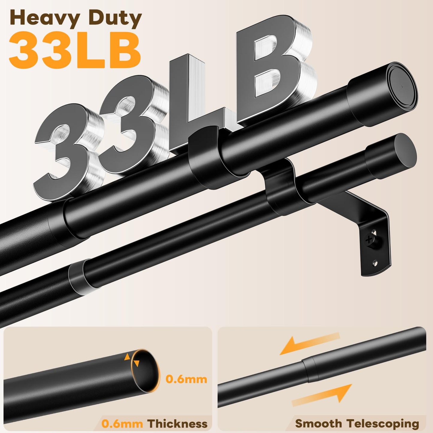 Abiglifty Double Curtain Rod 33 to 120 Inch, Telescoping Double Curtain Rods for Windows, Adjustable Double Curtain Rod for Windows, Blackout Curtain Rod with Classic Cap Finial, Black