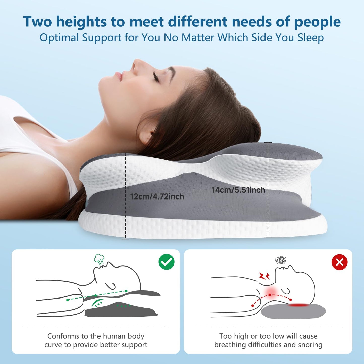 JINXIA Cervical Neck Pillow for Neck and Shoulder, Odorless Memory Foam Pillows & Soft Silk Cover, Ergonomic Orthopedic Neck Support Pillow for Side Back Stomach Sleepers, Gray