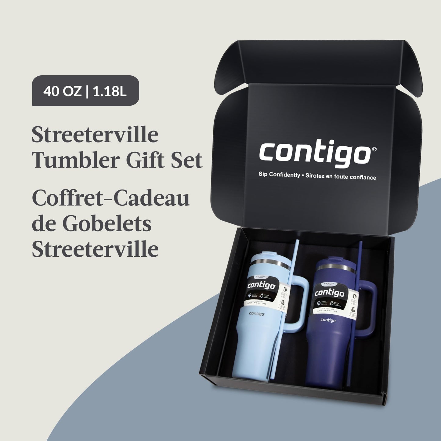Contigo Streeterville Tumbler Giftset, 40 oz (1.18 L), Insulated Stainless Steel Water Bottle with Straw, Lid and Handle, Glacier & Indigo, 2 Pack