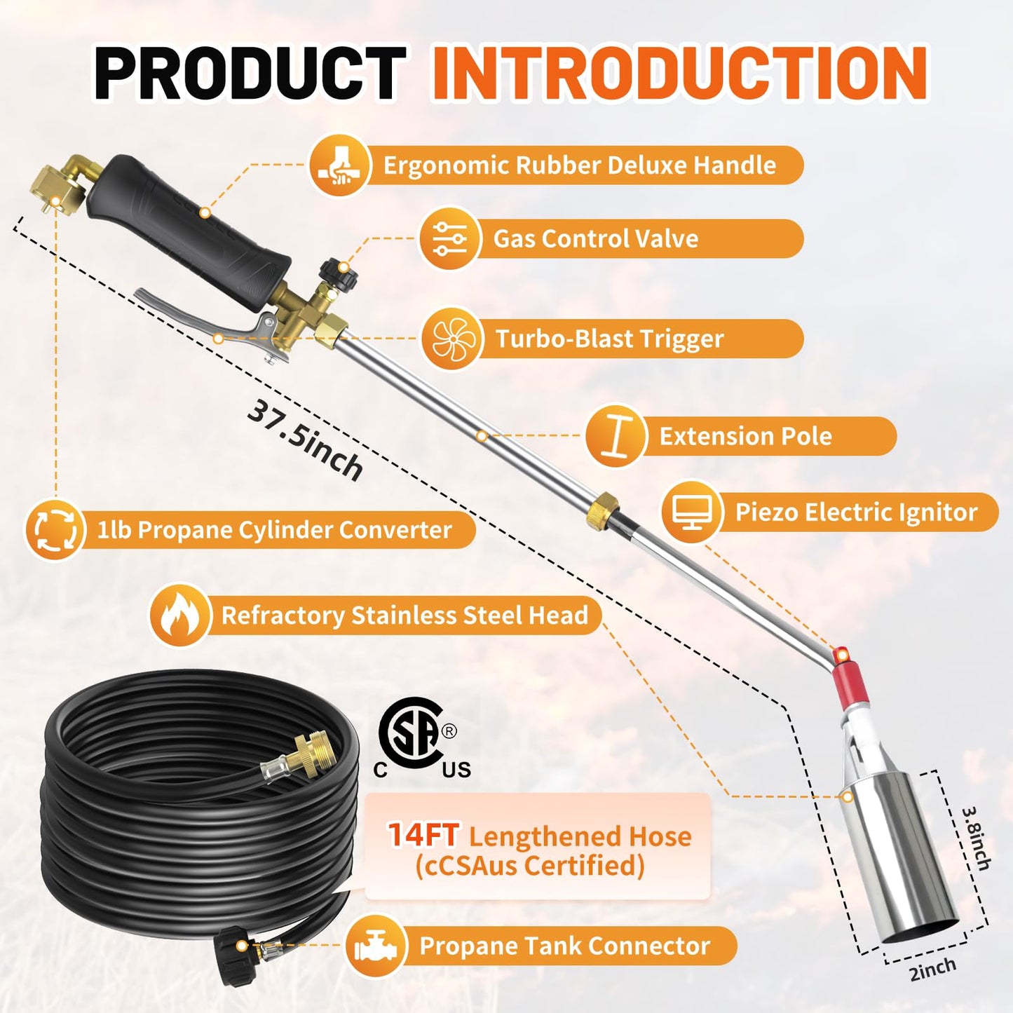 Gusil Propane Weed Torch,2,800,000 BTU Weed Burner Torch with 14FT Hose, Extended Detachable Blow Torch with self-igniter and Turbo Trigger, for Weeding,Roofing,Melting Snow,Road Paint Removing