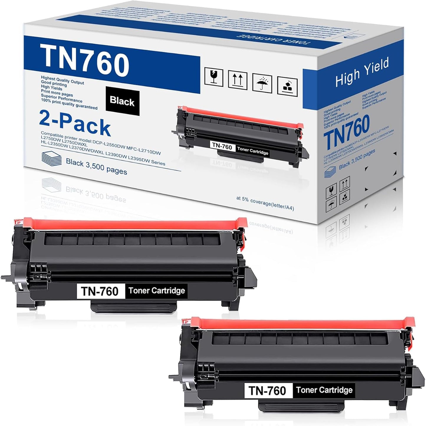 TN760 Toner Cartridge High Yield with Chip Replacement for Brother TN760 DCP-L2550DW MFC-L2710DW L2750DW L2750DWXL HL-L2350DW L2370DW L2370DWXL L2390DW HL-L2395DW Printer (Black, 2 Pack)
