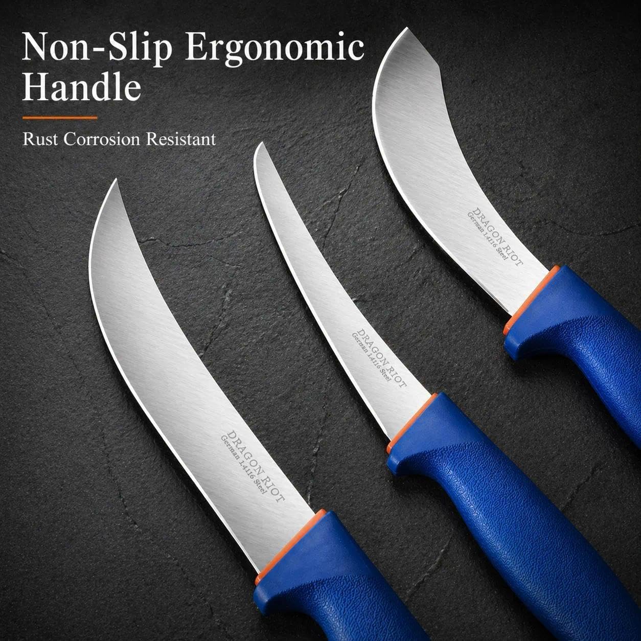 DRAGON RIOT 3 Pcs Butcher Knives Set, Meat Processing Knife Set for Brisket Trimming with German Stainless Steel and Blue Non-Slip Handle Gift for Men