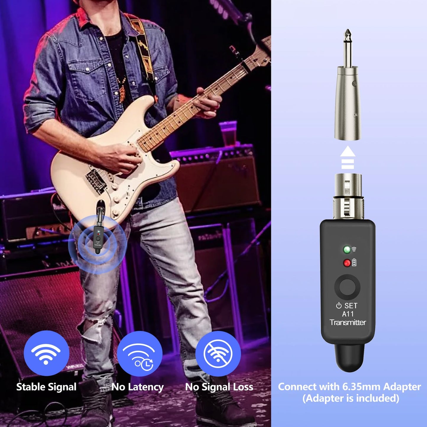 A11 Wireless Microphone System, 2.4GHz XLR Transmitter and Receiver for Dynamic Microphone, Audio Mixer, PA System, 100ft Range, Ultra-Low Latency, Rechargeable Battery(A11-2(2TX+1RX))