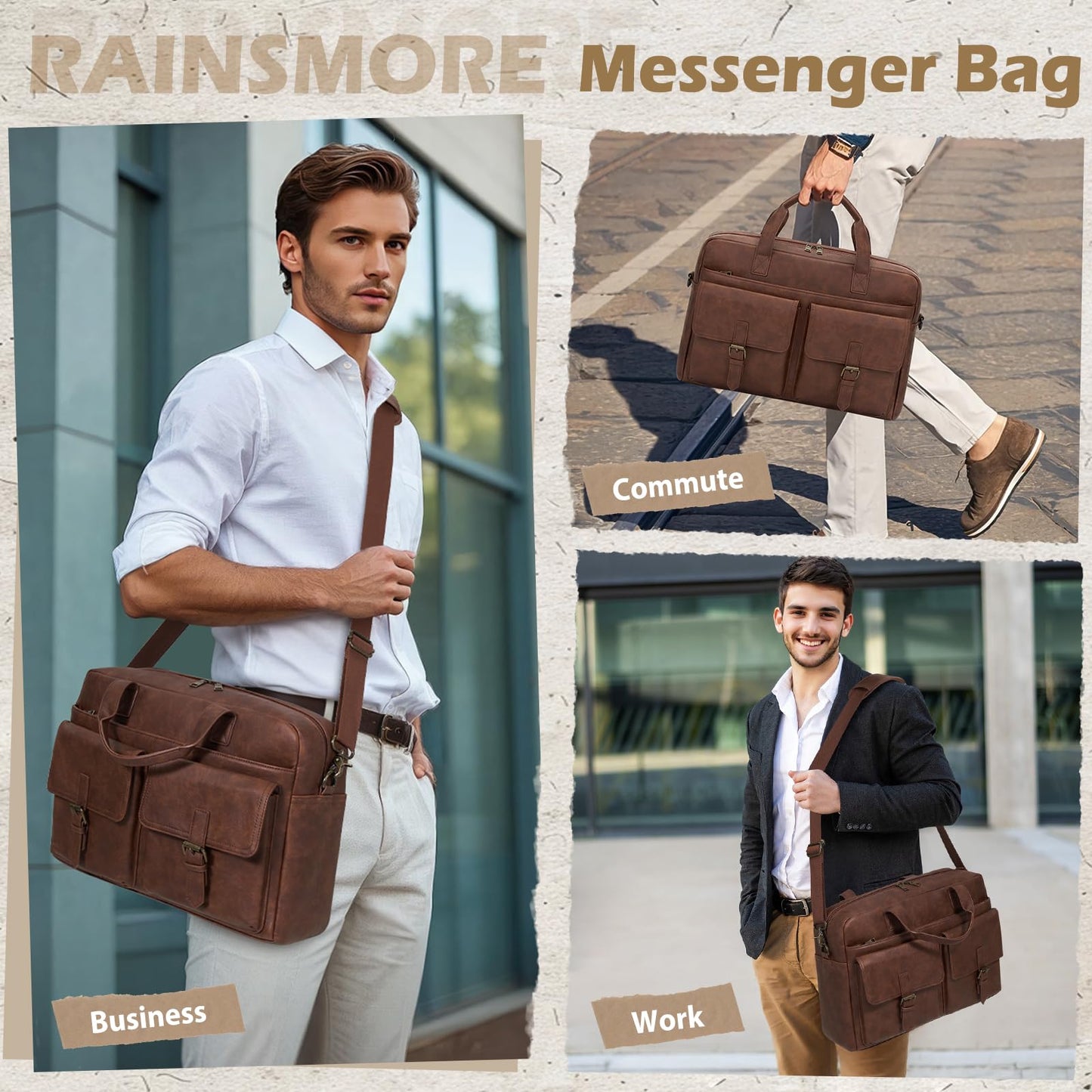 RAINSMORE Laptop Bag Men Messenger Bags Leather Briefcases for Men 16 Inch Computer Satchel Shoulder Bag for Work, Office, Business, College