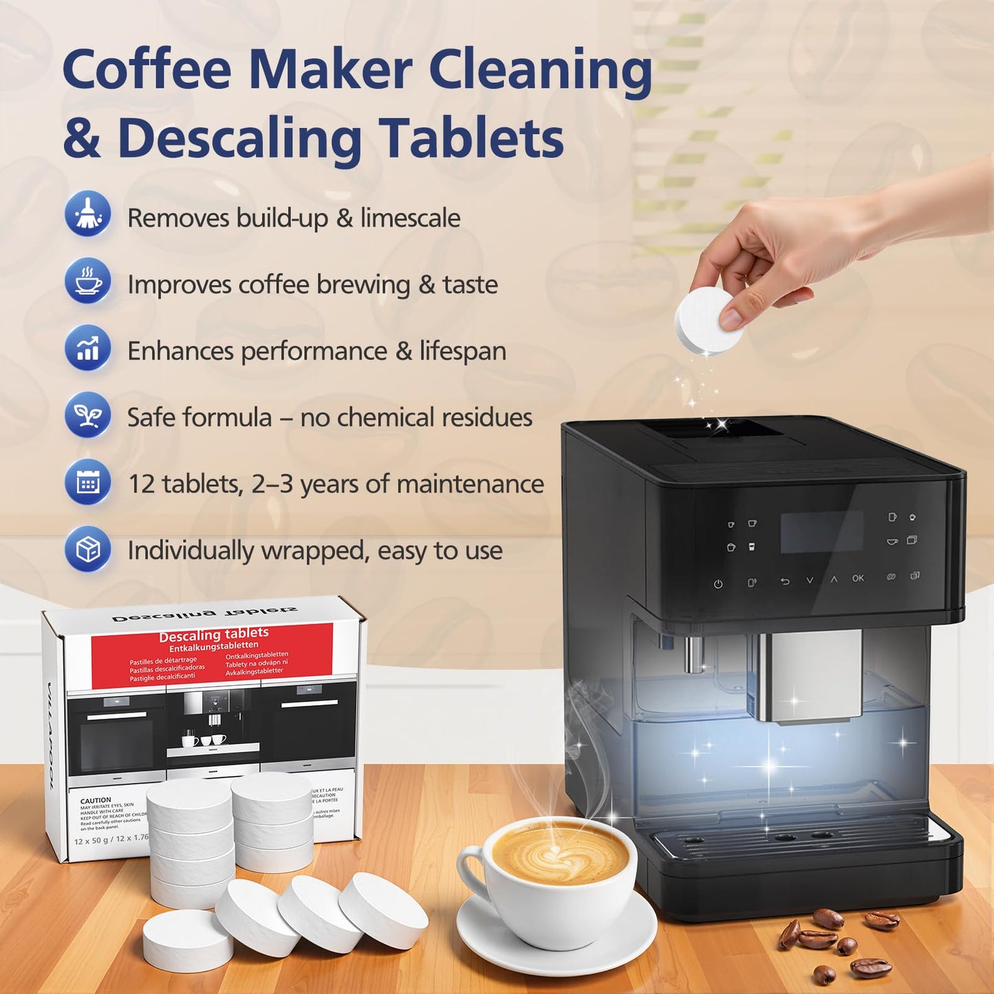 VILLAPOOL 12 Count Descaling Tablets Compatible with Miele Coffee Machines, Steam Ovens, FashionMaster, and Ovens/Ranges with Moisture Plus