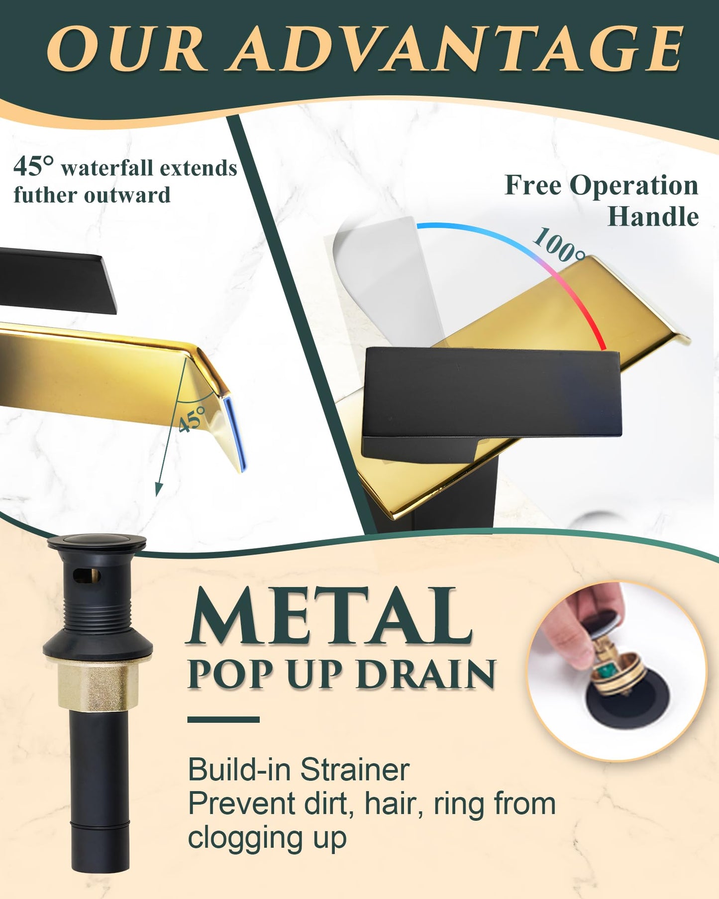 KUZOR Black & Gold Waterfall Bathroom Sink Faucet – Single Hole 304 Stainless Steel Faucet with Metal Pop-Up Drain, Low-Profile Design for Modern Vanities