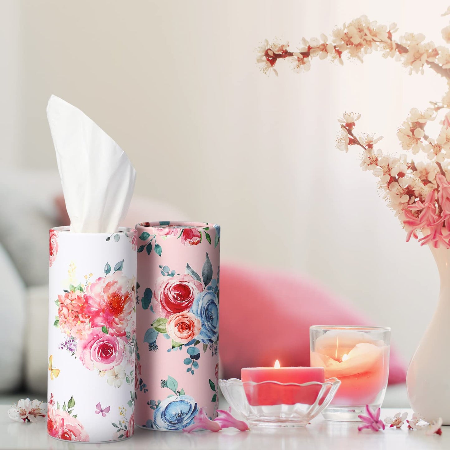 Ctosree 8 Pcs Car Tissue Holder Cylinder Bulk Round Floral Cup Holder Facial Tissues for Travel Refill Car Napkin Box Round Container