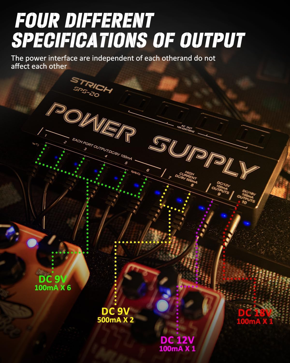 STRICH SPS-20 Guitar Pedal Power Supply, 10 Independent DC Output for 9V/12V/18V Guitar Bass Effect Pedals, 100mA 500mA Pedalboard Power Supply with Short Circuit Protection