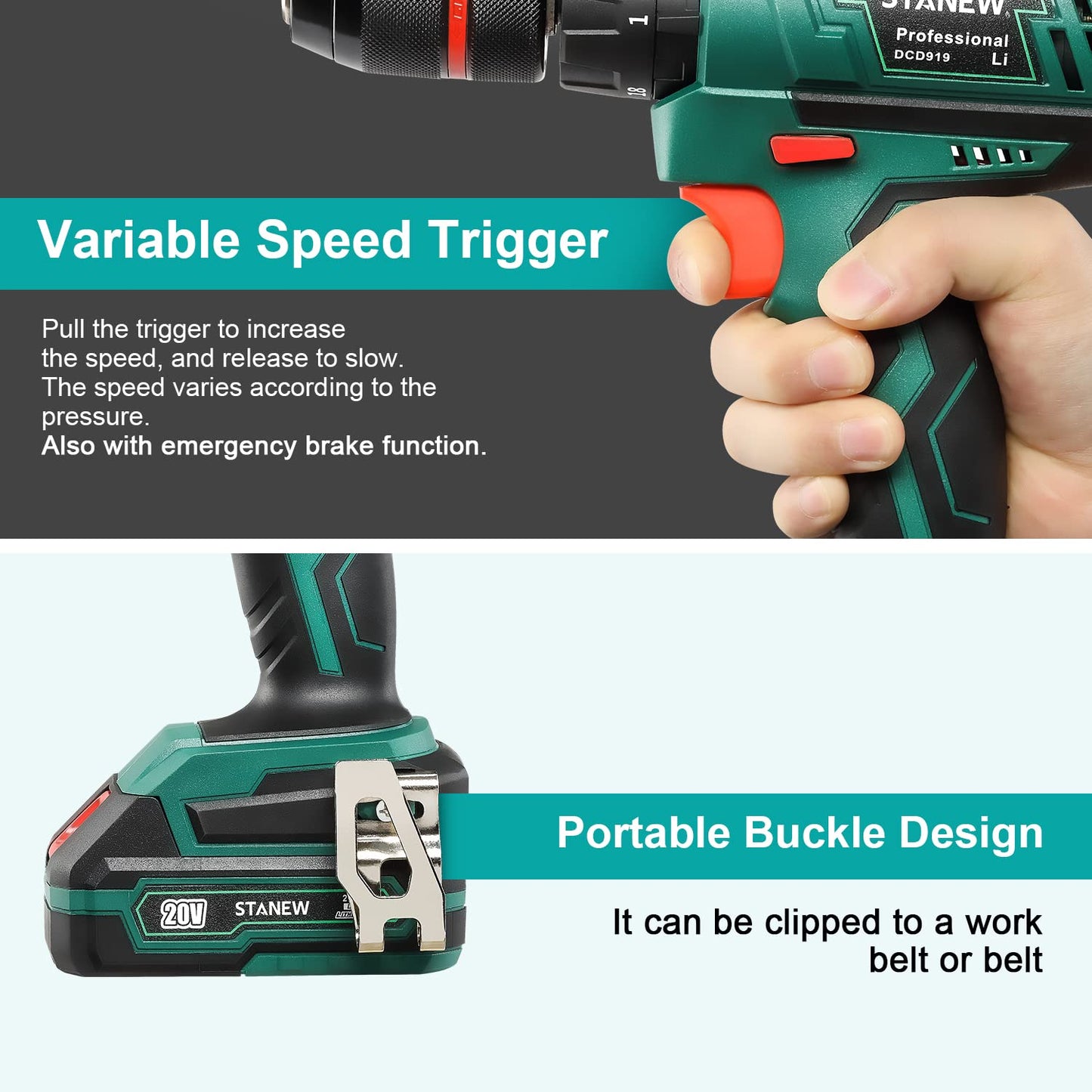 STANEW 20V MAX Impact Drill, Cordless Hammer Drill Set, Electric Screwdriver Driver Tools Kit with 2 Battery, Fast Charger 1/2" Keyless Chuck 2 Variable Speed 18+3 Torque Setting, 24 Piece Accessories