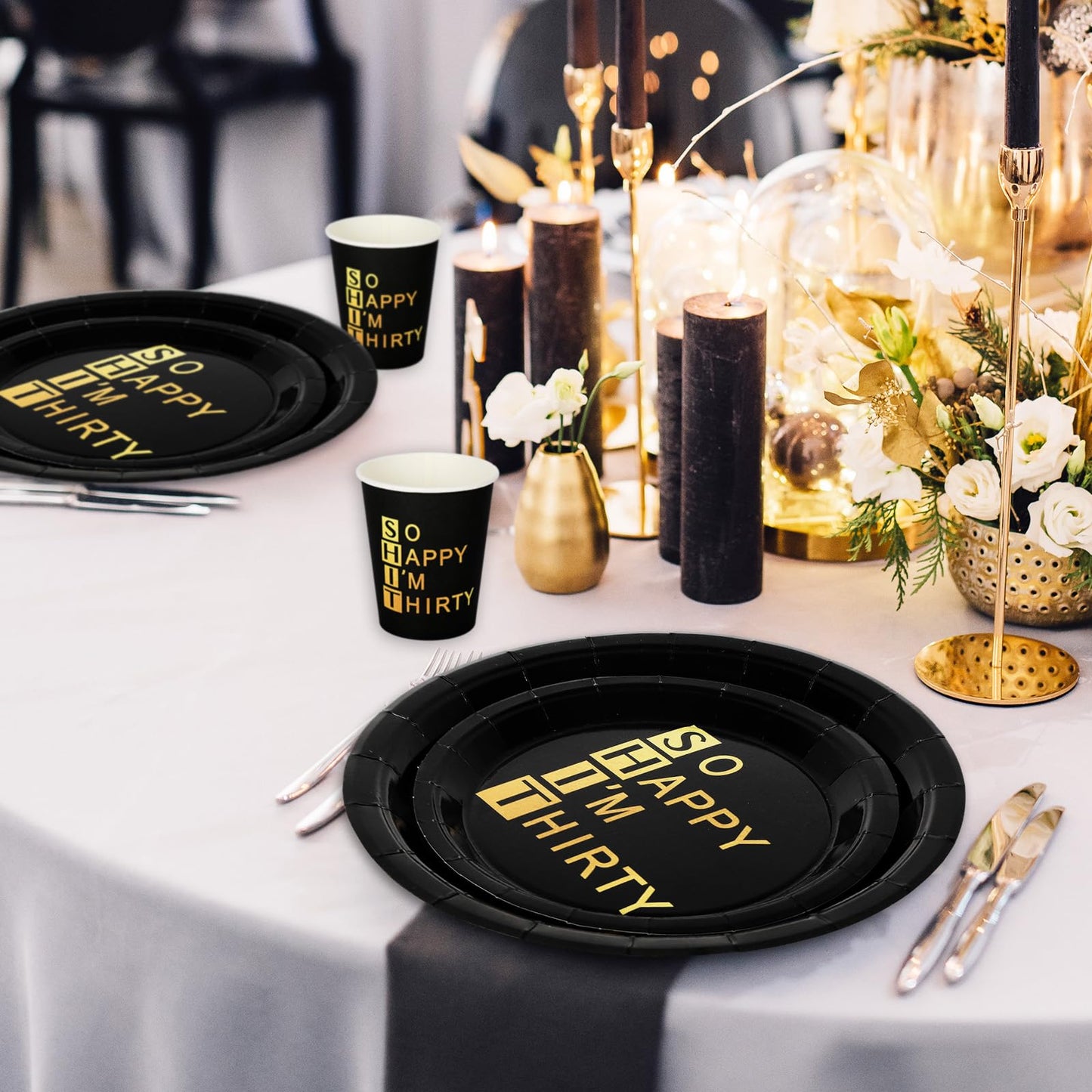Whaline 96Pcs 30th Birthday Party Supplies Kit Black Gold Paper Tableware Plate Napkin Cup So Happy I'm Thirty Disposable Dinnerware Set for 24 Guests Party Table Decor