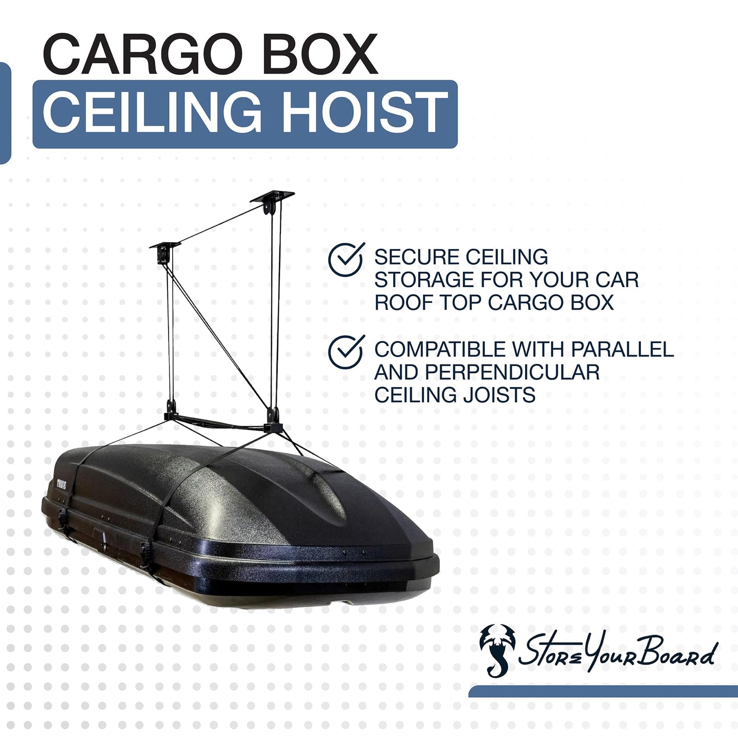 StoreYourBoard Cargo Box Ceiling Hoist – Heavy-Duty Garage Pulley Lift System for Rooftop Carriers, Fits 8–10 ft Ceilings, Cargo Box Storage, Garage Organization, Holds 150 lbs