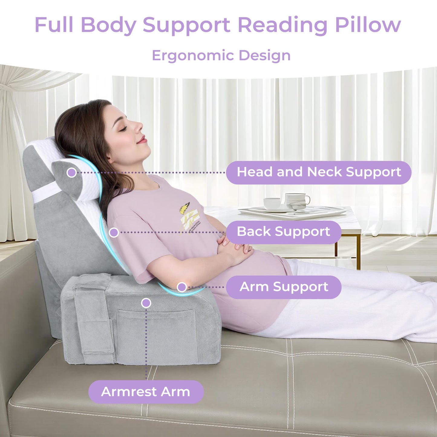 Babenest Reading Pillow for Sitting in Bed Adult, Back Support Pillow with Detachable Headrest & Armrests for Watching TV on Couch or Floor, Bed Chair Backrest Pillow for Working/Gaming/Relaxing