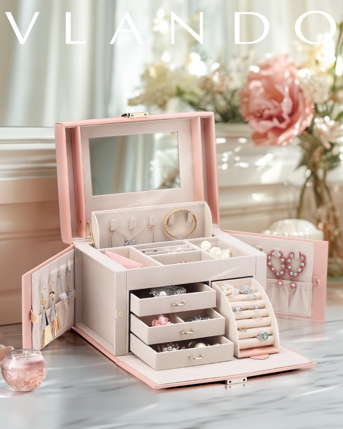 Vlando Jewelry Box Organizer for Girls Women, Large Baroque Jewelry Storage Box with Mirror,Drawers for Bracelets, Earrings, Rings, Necklaces, Mothers Day Difts for Loved One, Pink