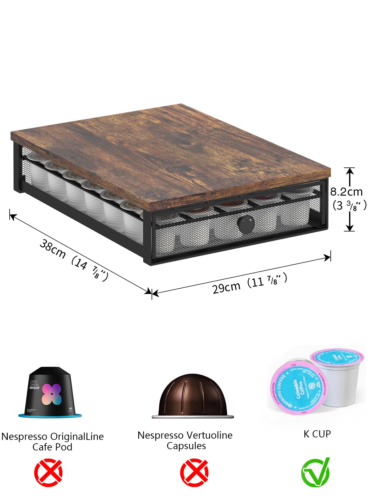 K Cup Organizer, Coffee Pod Holder Rack, Under Cabinet Pod Holder with Sliding Drawer holds up to 35 K-Cup Pods, No Assembly Needed, Rustic Brown