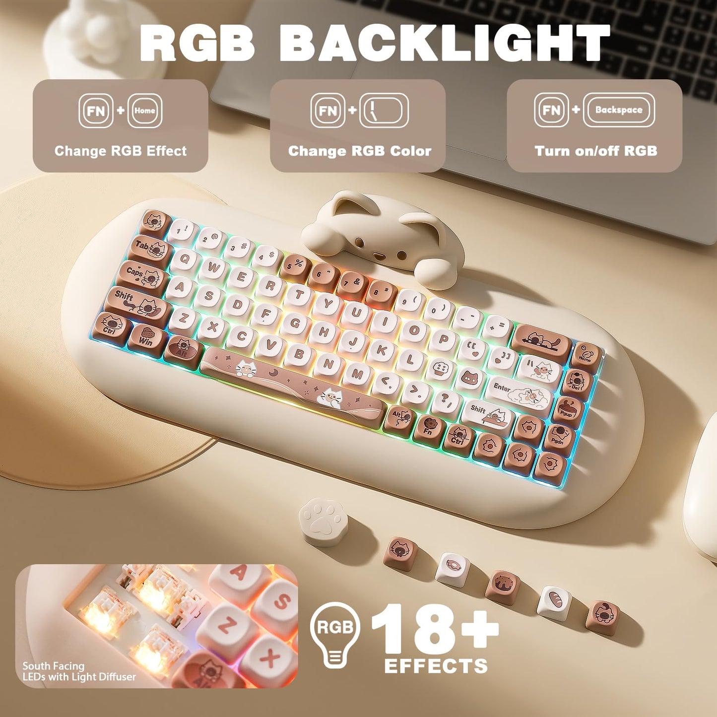 YUNZII C68 Wireless Mechanical Keyboard,65% Layout,Hot Swap,Triple Mode BT5.0/2.4G/Wired, RGB Backlit NKRO,Cute Cat Silicone Ergonomic Design for Win/Mac (Milk Switch,Brown)