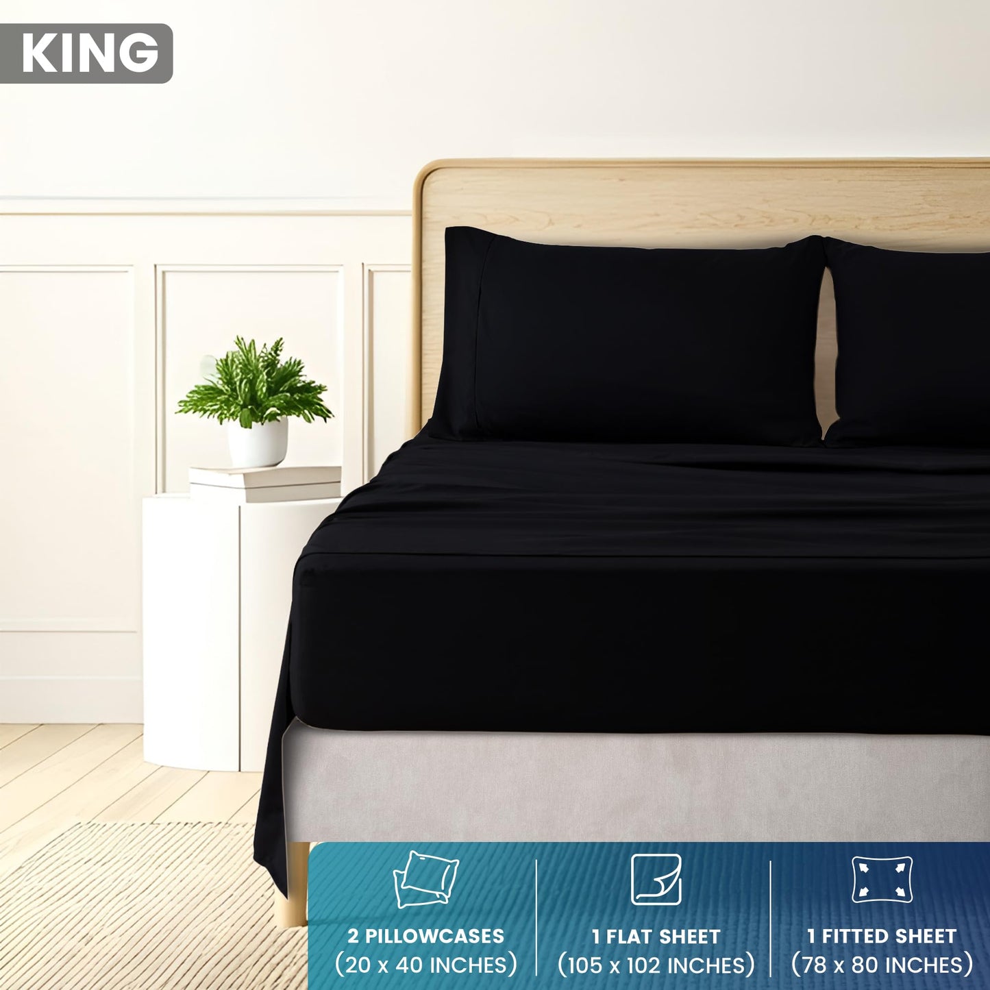 Utopia Bedding King Sheet Set - Brushed Microfiber - Soft Bed Sheets for King Size Bed - Luxury Bedding Sheets with Fitted Sheet, Flat Sheet & 2 Pillow Cases - Deep Pocket (Black)