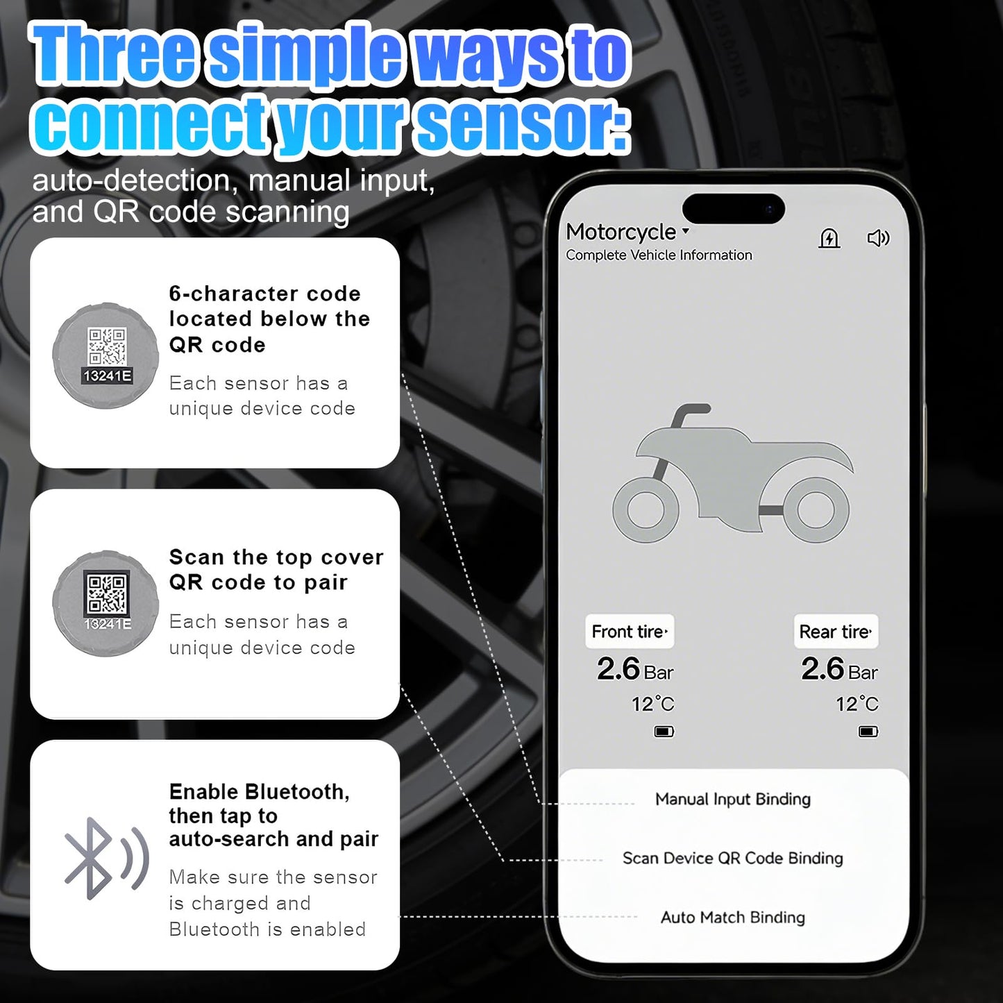 3T6B Wireless Tire Pressure Monitoring System with 2 TPMS External Sensors for Motorcycle & Bicycle, Real-time Tire Pressure and Temperature Alarm, Supports iOS & Android
