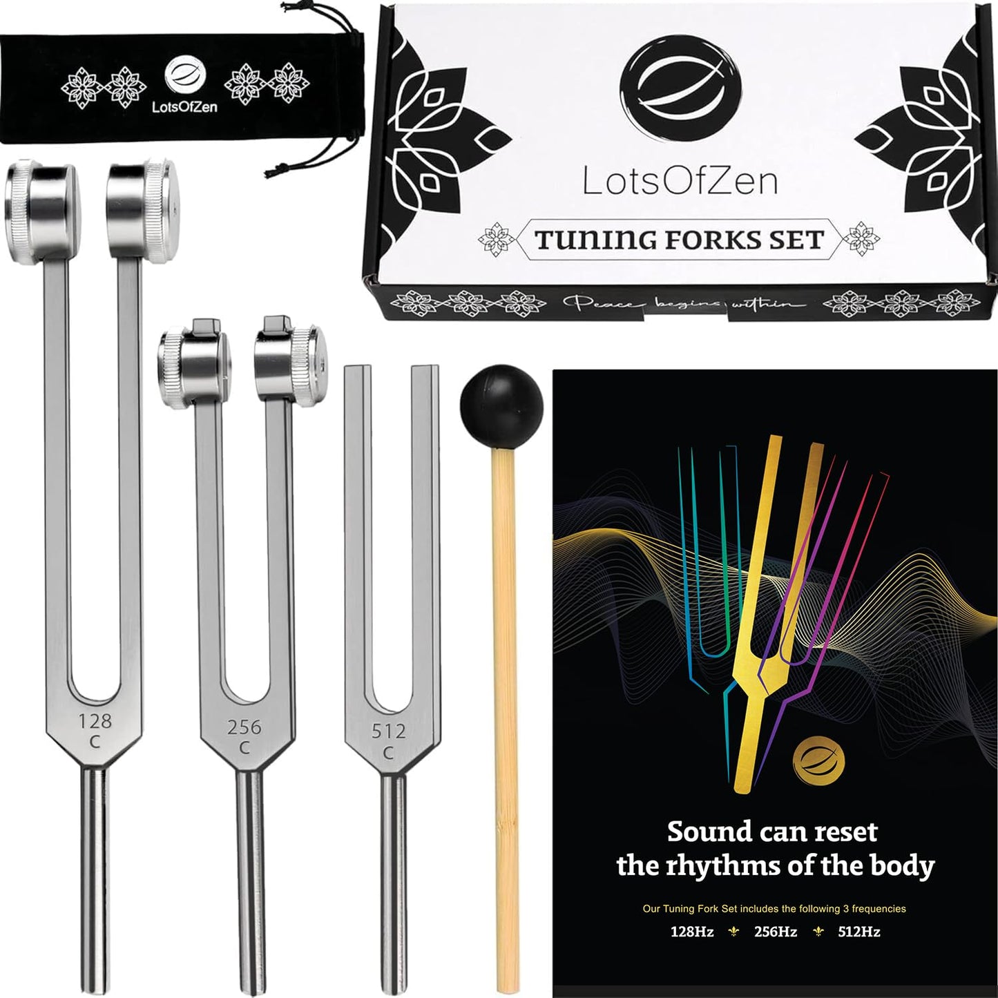 Tuning Forks (128Hz, 256Hz, 512Hz) — Authentic Body Weighted Tuning Forks Set for Chakra — Yoga and Meditation Accessories — Tuning Fork Set Frequency Devices