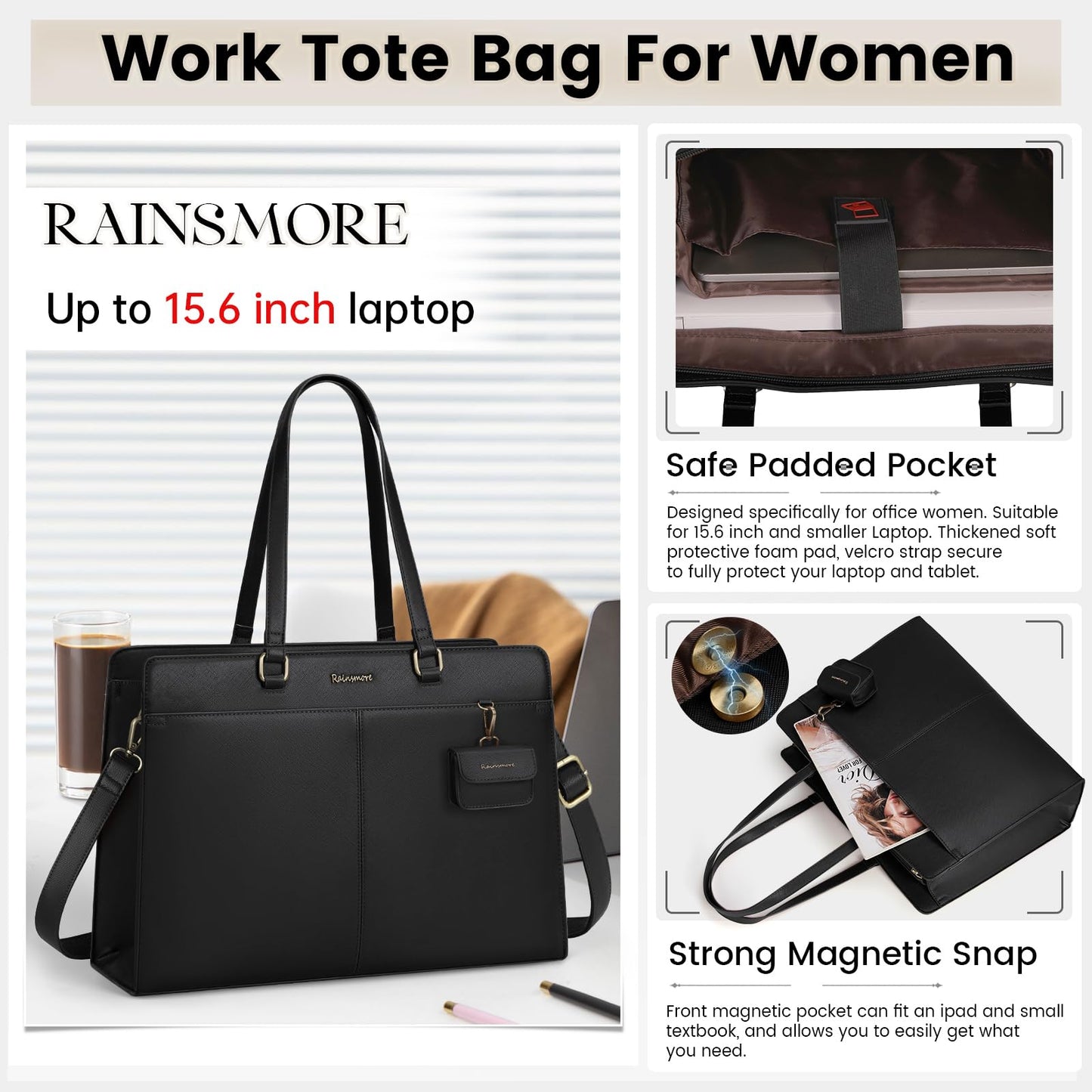 RAINSMORE Laptop Bags for Women 15.6 Inch Work Tote Bags Womens Waterproof PU Leather Shoulder Bag Laptop Briefcase for Office Women Black