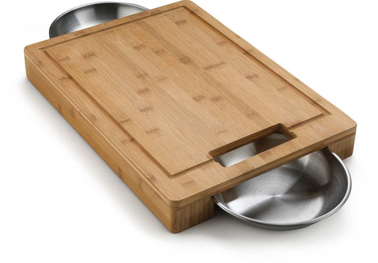 Napoleon Pro Bamboo Cutting Board with Stainless Steel Bowls – 70012 – Naturally Anti-Microbial Cutting Board with Two Stainless Steel Bowls, Chopping and Carving Meat, Multi, One Size