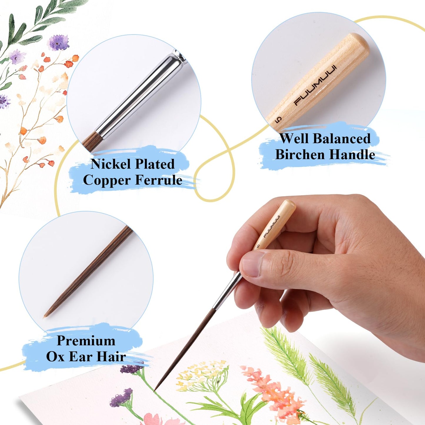 Long Liner Brushes, Fuumuui 5pcs Ox Ear Hair Detail Paint Brushes Extra Long Fine Point Tip Pinstriping Scroll Outlining Brush for Acrylic Watercolor Gouache