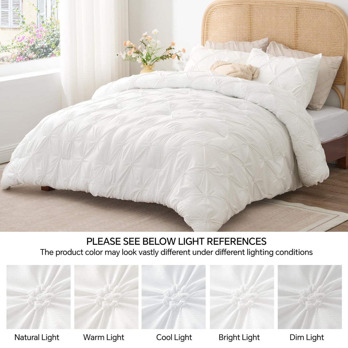 BEDELITE Queen Comforter Set White - 3 Pieces Boho Pintuck Bedding Sets, Queen Size Bed Set with 2 Pillow Shams for All Seasons, Room Decor Valentine's Gift,Lightweight Soft and Warm