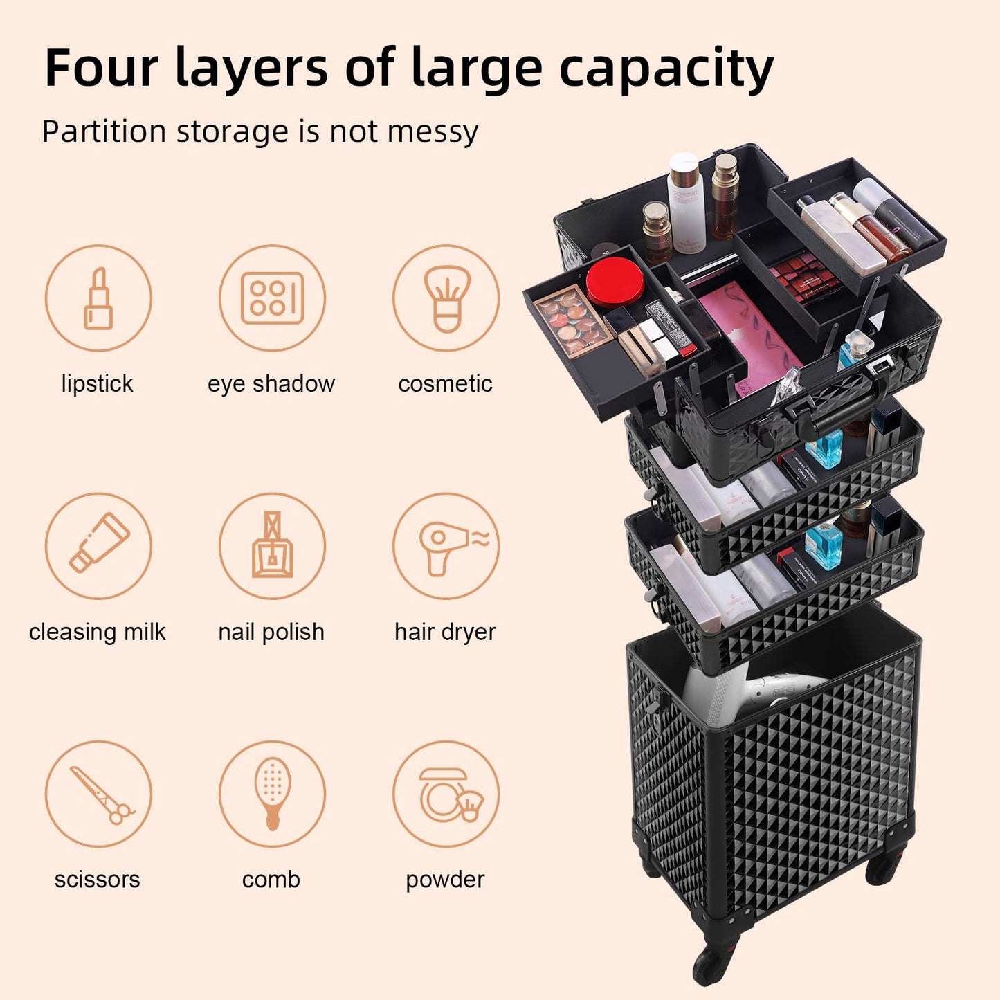 Somduy Rolling Makeup Case 3 in 1,Professional Makeup Train Case organizers,Large Storage Cosmetic case Trolley,Makeup Travel Case for Salon Barber, Bright Black, 3 layers, Fashion