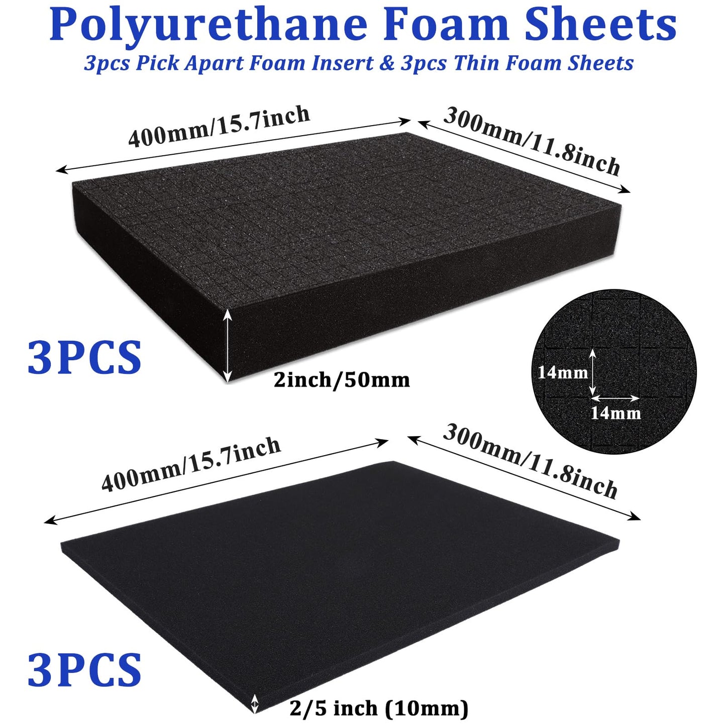 Acrux7 6 PCS Pick Apart Foam Insert, 16 x 12 inch in 2 Thickness (2 inch & 0.4 inch) Pre-Cut Tool Box Foam Polyurethane Padding Sheet for Board Game, Toolbox, Drawer, Pick and Pluck (Black)