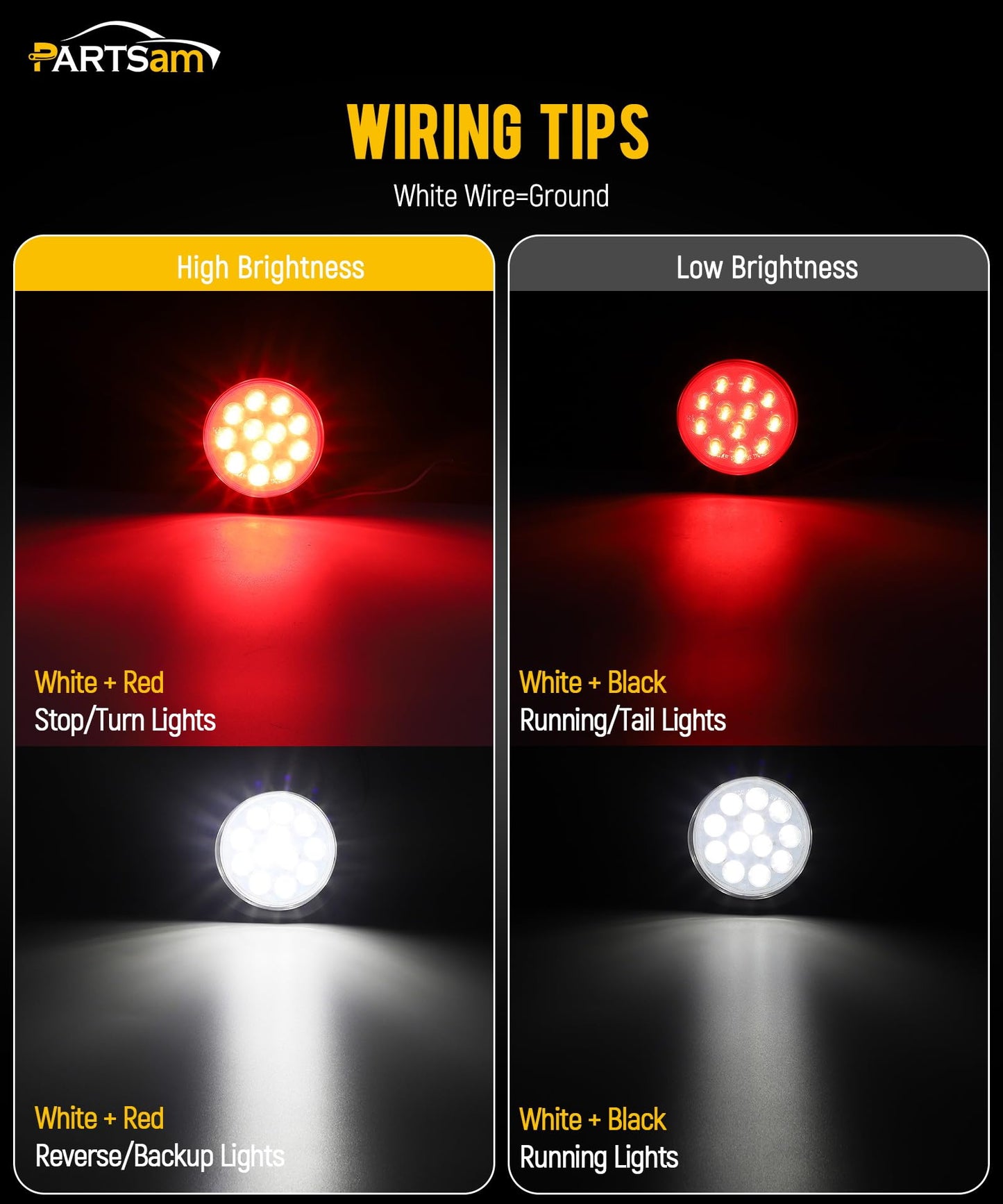 Partsam 6Pcs 4 Inch Round LED Trailer Tail Lights Kit - Round Led Stop Turn Tail Back-up Reverse Fog Lights 12 LED Include Lights Grommet 3-Prong Wire Pigtails for Truck Trailer RV(4 Red + 2 White)