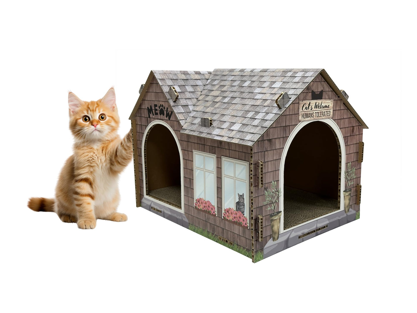 40EAST Cardboard Cat House Hideaway Playhouse with Cat Scratcher Scratching Pad_Cat Haven. (601, CH1, PAA230601)
