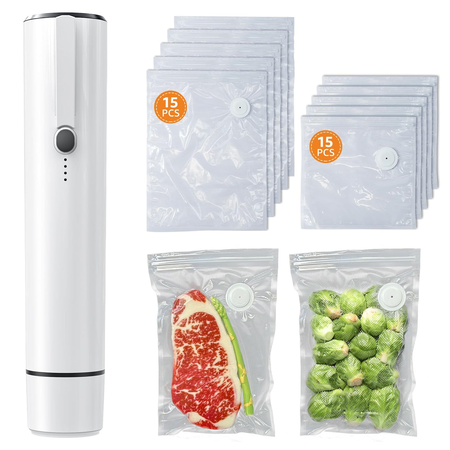 [2025 New Version] Kulukulu Vacuum Sealer Set, Portable Vacuum Sealer Machine for Food Storage and Sous Vide + 30 Reusable Vacuum Seal Bags(15 Medium Size + 15 Big Size)