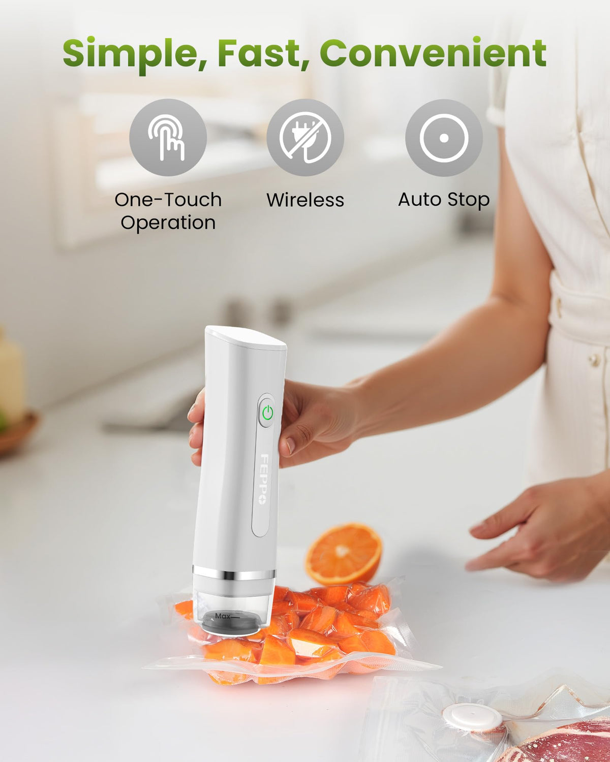 FEPPO Vacuum Sealer for Food with Visible Water Tank, Handheld Saver Compact Vacuum Sealer Machine with 30 Reusable Bags for 6X Preservation & Fresh, White