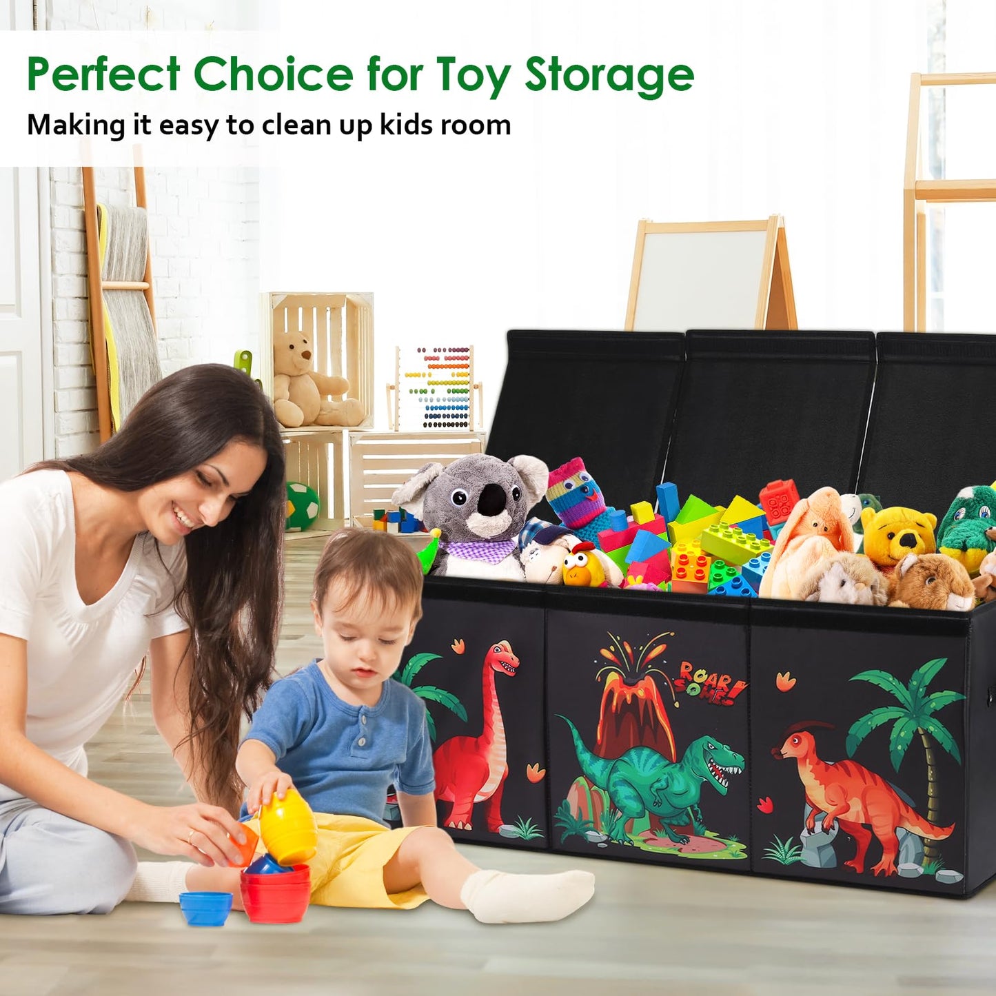 Extra Large Storage Box with Flip Lid,Collapsible Oxford Storage Organizer with Handles,Sturdy Waterproof Storage Chest for Bedroom,37.7×12.5×15.7''（Dinosaur）