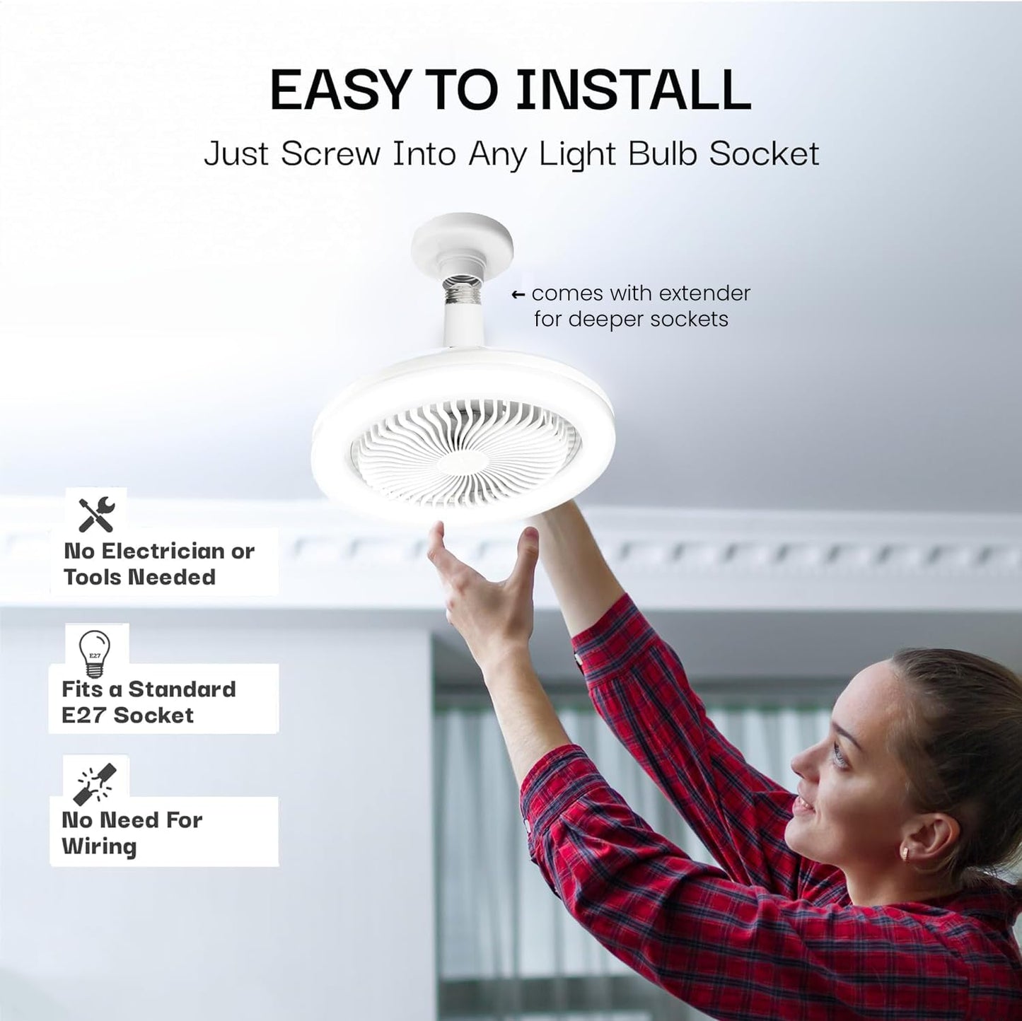 Bell+Howell Socket Air Socket Fan Light – Wireless Ceiling Fan with Lights and Remote, Ventilateur Plafond Avec Lumiere, Ceiling Fans with RGB Lights, 3 Fan Speeds & 3 Brightness Levels As Seen on TV