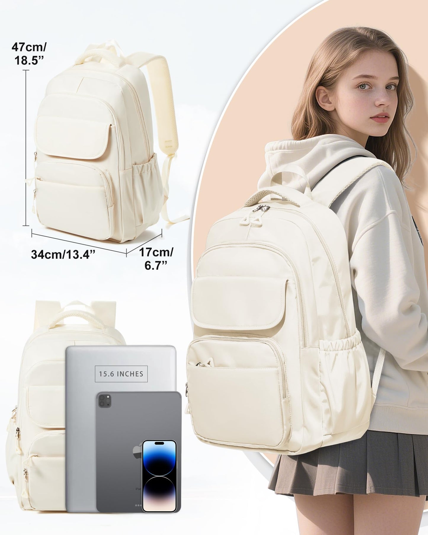 School Backpack for Women Men High School Bag for Boys Girls Teens Waterproof College Laptop BackpackBackpack Carry on(Beige)
