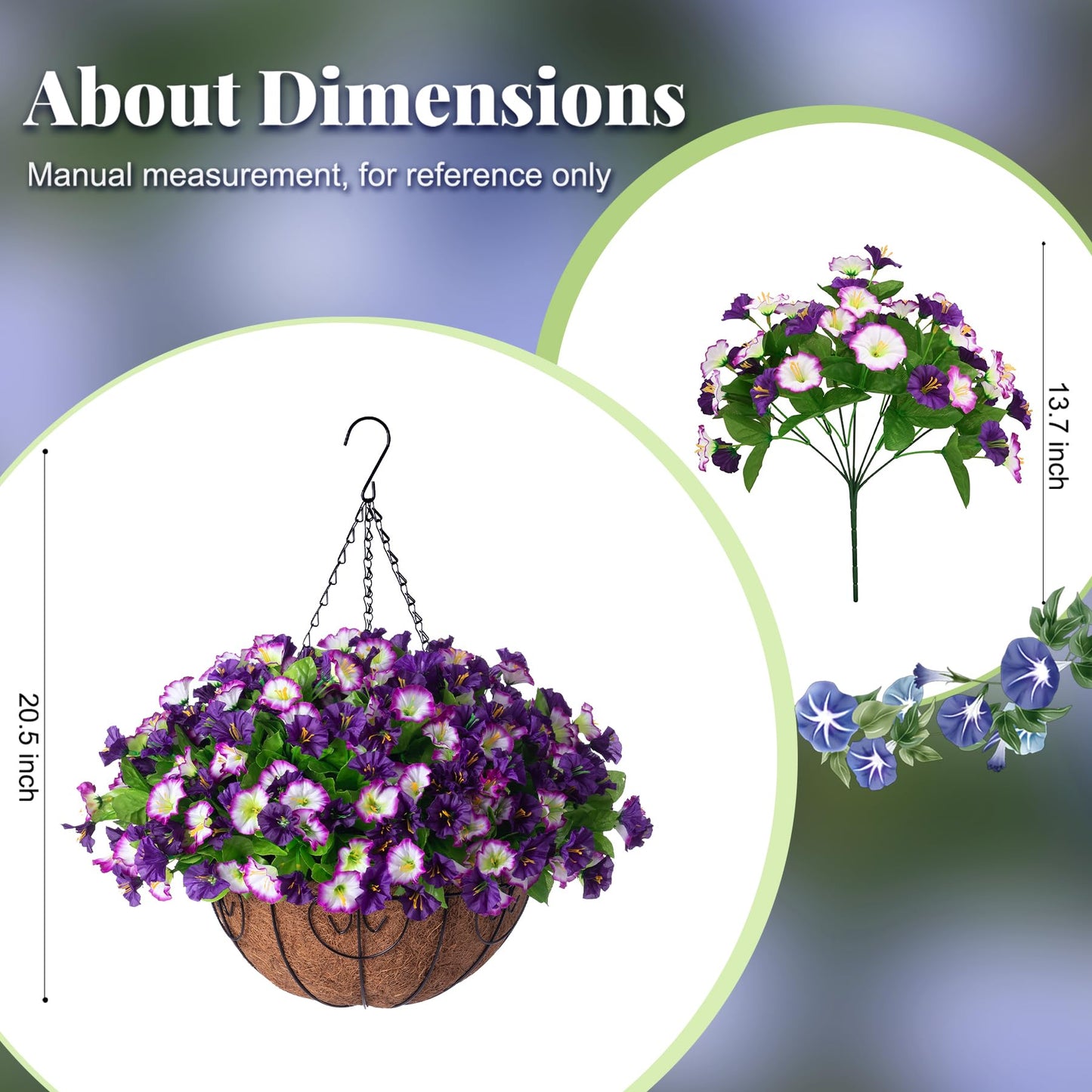 Ammyoo Artificial Hanging Flowers 12 inch Basket, Faux Silk Petunias Flower Arrangement,Coconut Lining Pot Planter with Morning Glories Patio Garden Porch Deck Spring Summer Decor(Purple Edge)