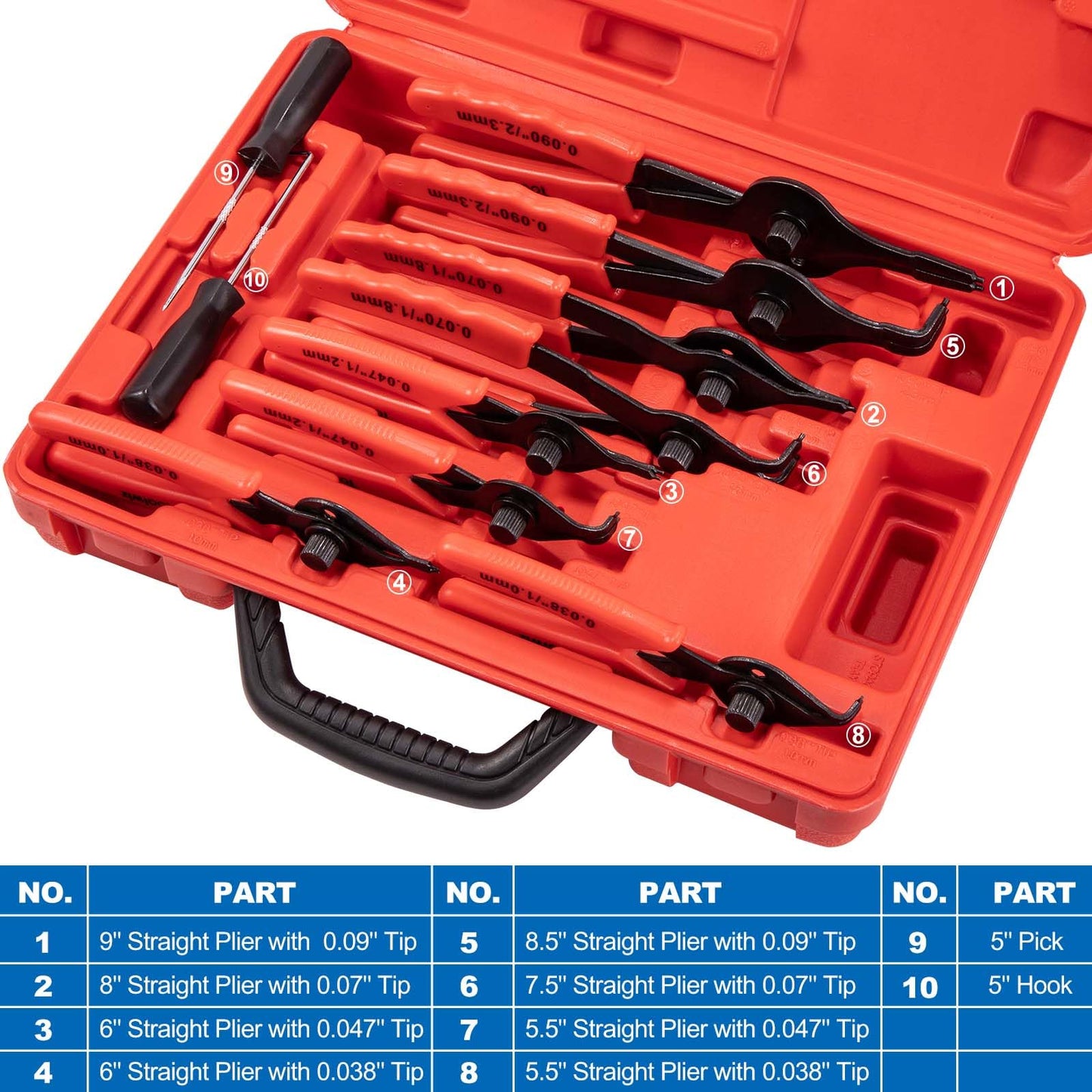 Toolwiz Snap Ring Pliers Set, 10 Pcs Internal & External Retaining Ring Circlip C Clip Pliers, Heavy Duty Bent Straight Automotive Tools, Include Hook, Pick, and Storage Case