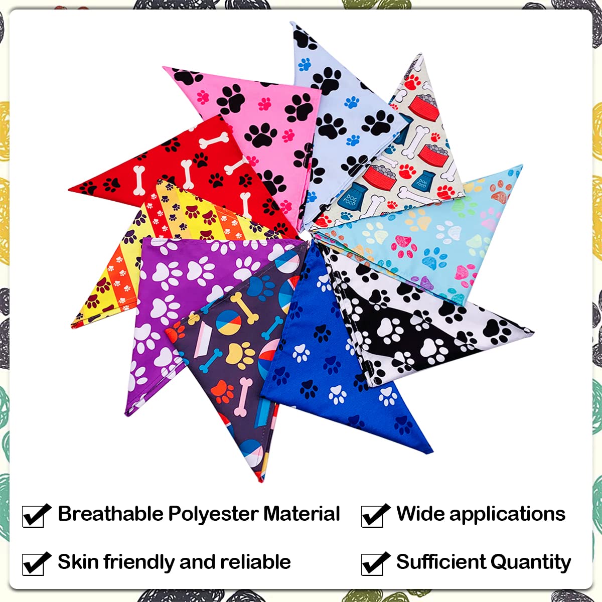 JpGdn 50PCS Big Dog Bandanas Large Breed XL Bulk Paw Bone Print Pet Big Bandanas Kerchief Washable Triangle Bibs Head Scarves Scarfs for Boys and Girls Grooming Costume