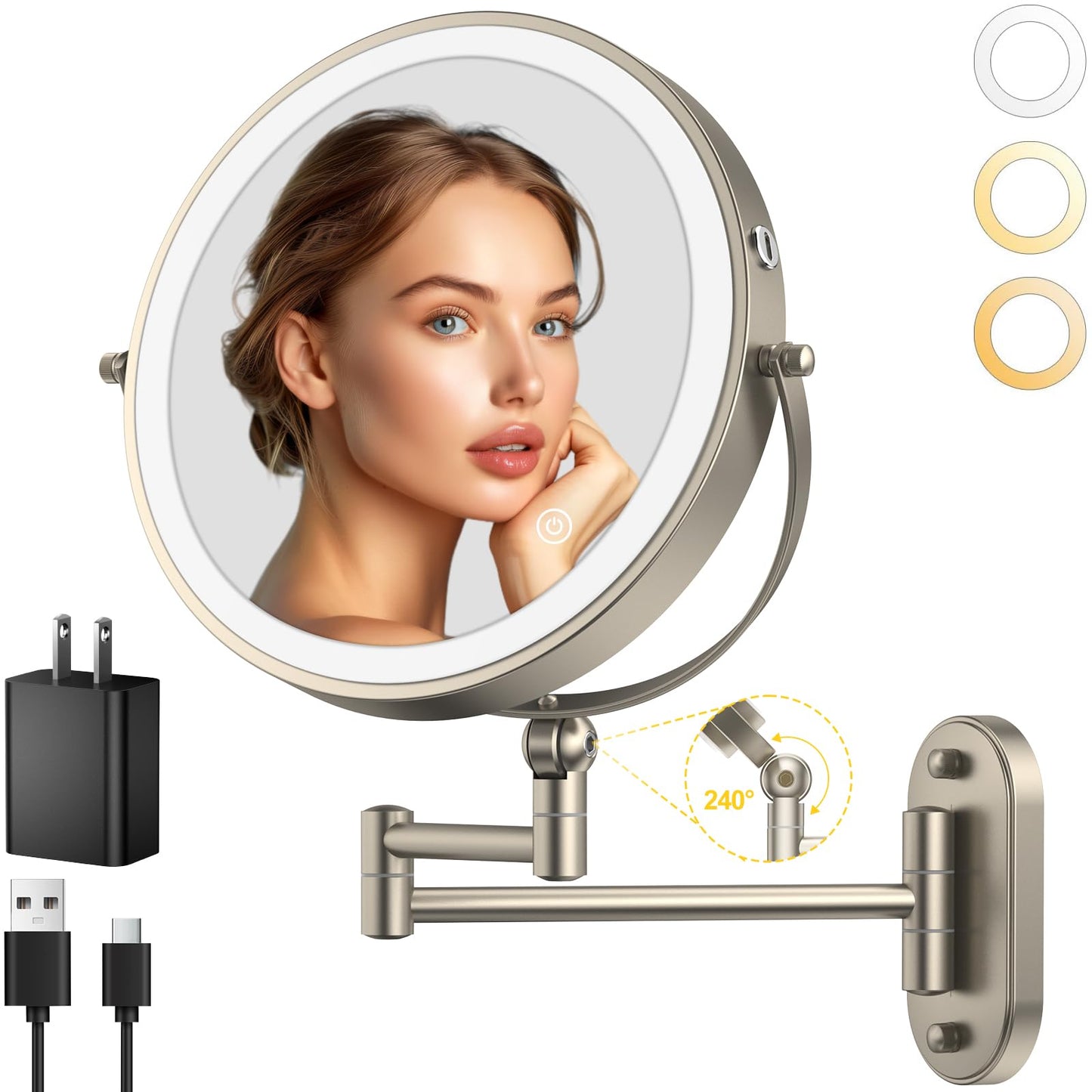 9" Wall Mounted Lighted Makeup Mirror,4000mAh Rechargeable Double Sided 1X/10X Magnifying Mirror with Light,3 Color Lights,Touch Dimmable,Extended Arm 360 Rotation Wall Mounted Makeup Mirror