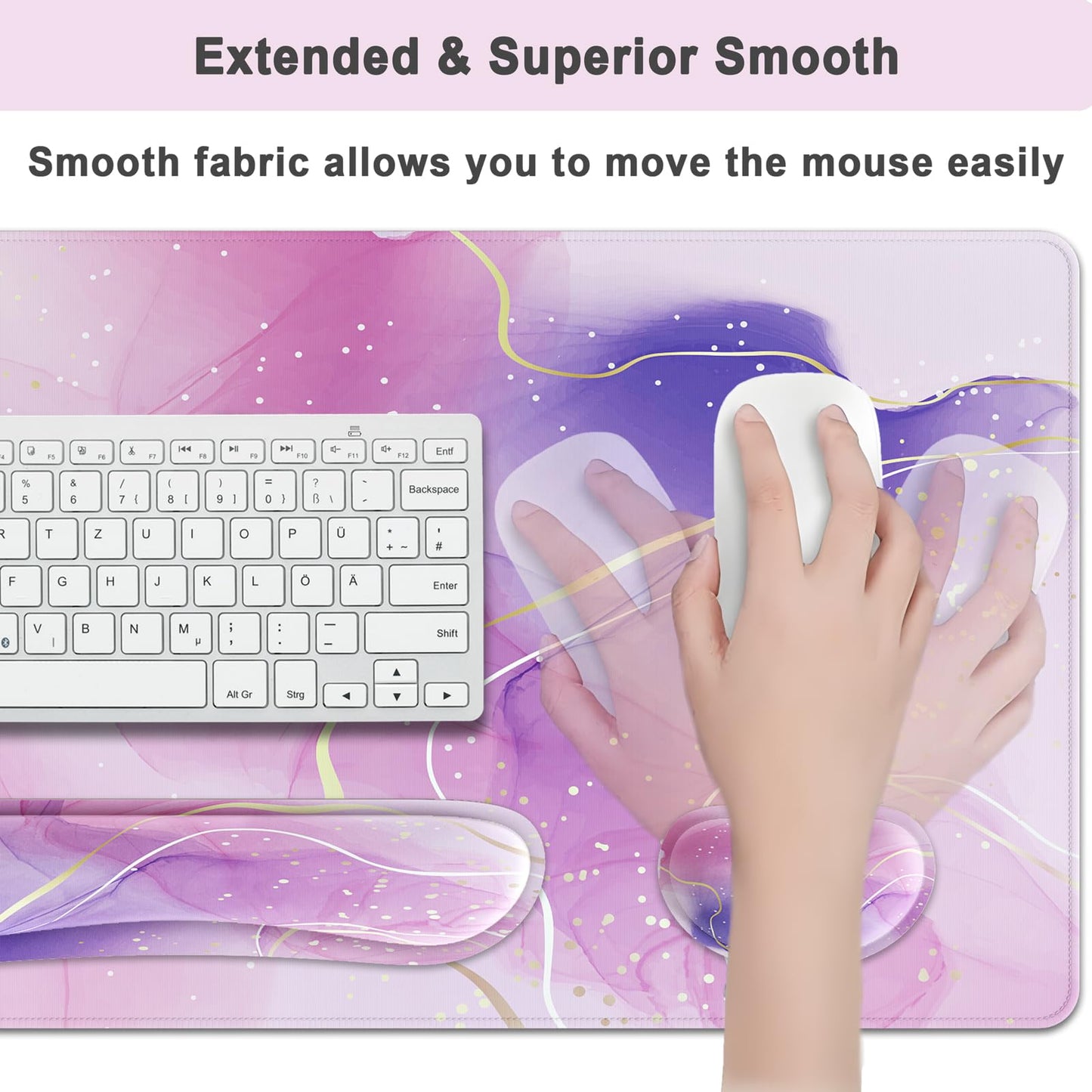 4 in 1 Extended Mouse Pad Set with Memory Foam Keyboard Wrist Rest, Mouse Wrist Cushion & Cute Coaster, Ergonomic Large Desk Pad for Home Office & Gaming (Pink & Purple Marble)