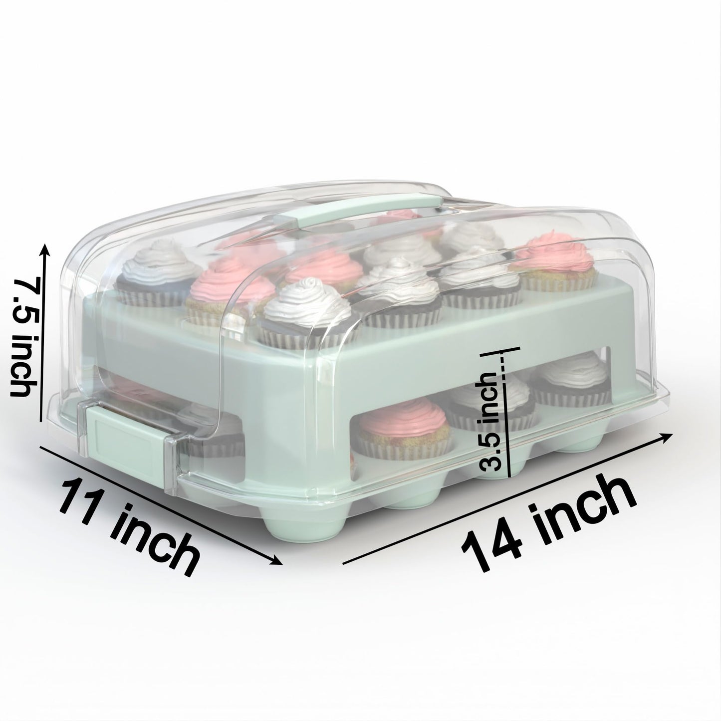 Cupcake Carrier, EXTRA TALL LID, Fashionable Green Cupcake Holder Carries 24 Standard-Size Cupcakes, Durable Muffin Traveler Two Tier Stand and Reusable Cupcake Box (Seafoam Green)