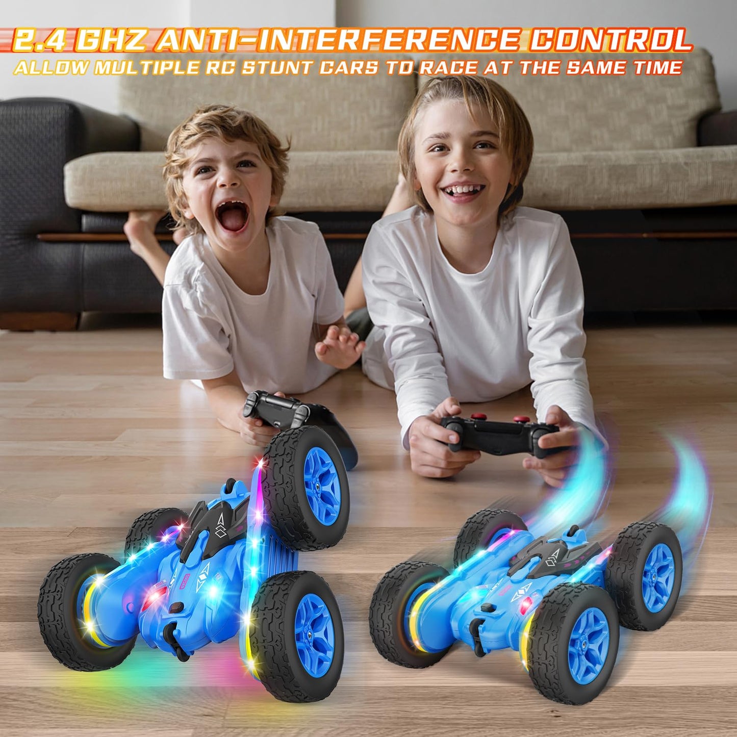 Terucle Remote Control Car, Rc Cars Stunt Car Toys New Upgraded Strip Lights and Headlights Car Toys Double-Sided 360° Rotating 4WD Rc Drift Truck for Boys Girls Birthday Gift (Blue)
