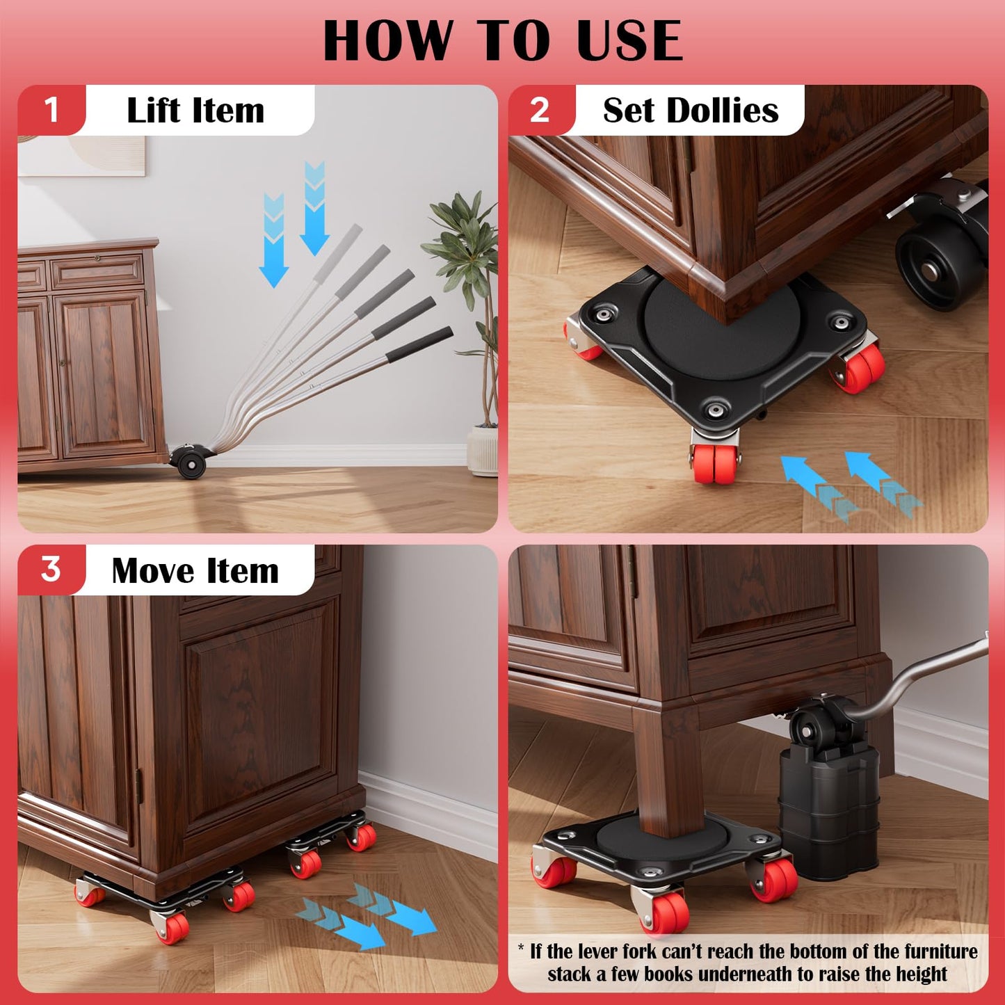 EZ 2MOVE Heavy Duty Furniture Movers with 8 Wheels, Dual-Wheel Caster Square Dollies with Furniture Lifter and Base, 360° Swivel Casters, Non-Slip Pads, Up to 3500 lbs Load Capacity