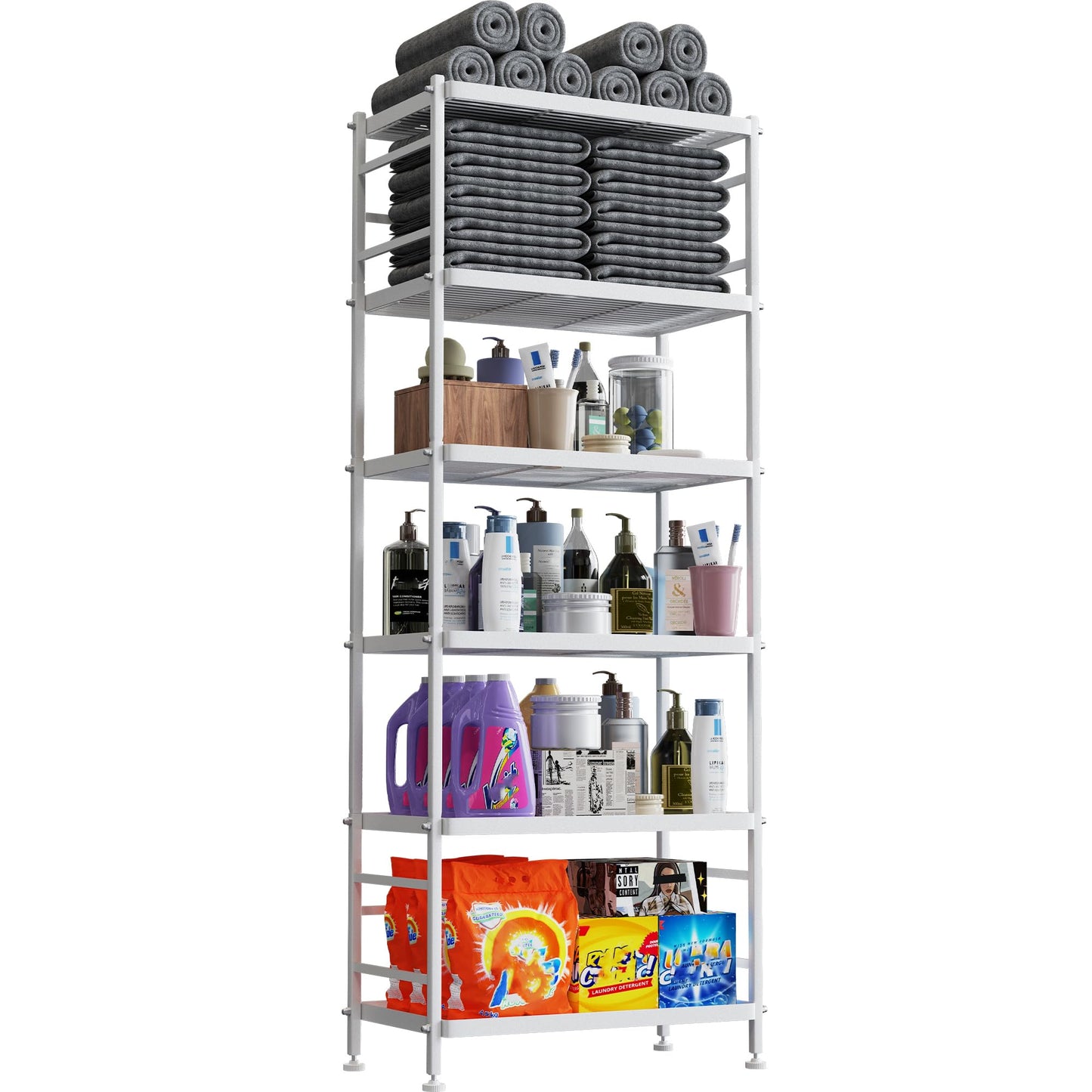 6 Tire Wire Shelving Metal Storage Rack Shelves, Standing Storage Shelf Units for Laundry Bathroom Kitchen Pantry Closet (White)