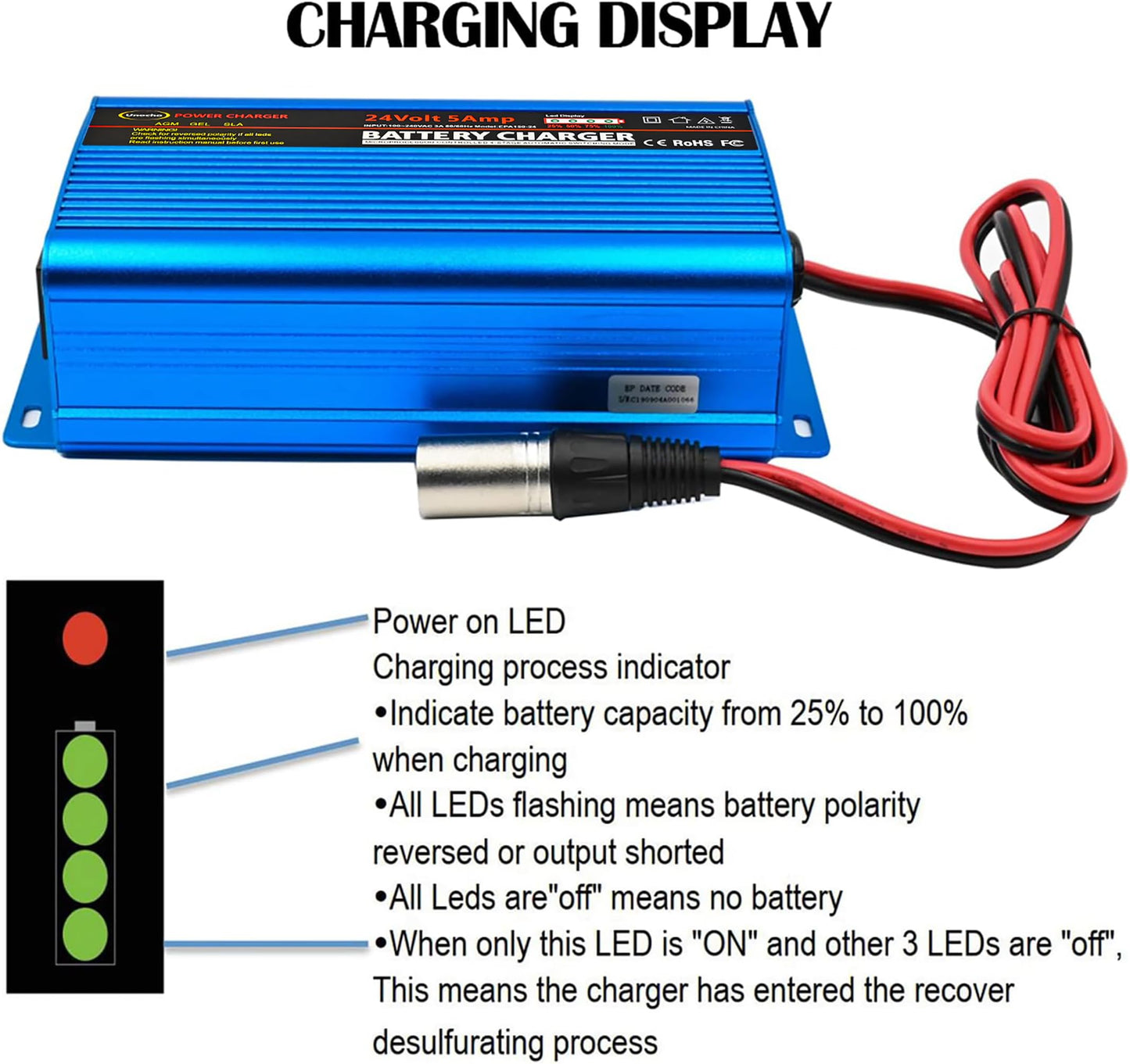 24V Battery Charger Automatic smart Charger 5A trickle Charger and I/O Switch 3 pin XLR Connector for Charging AGM Gel Lead-Acid Batteries for Cars wheelchairs Boats
