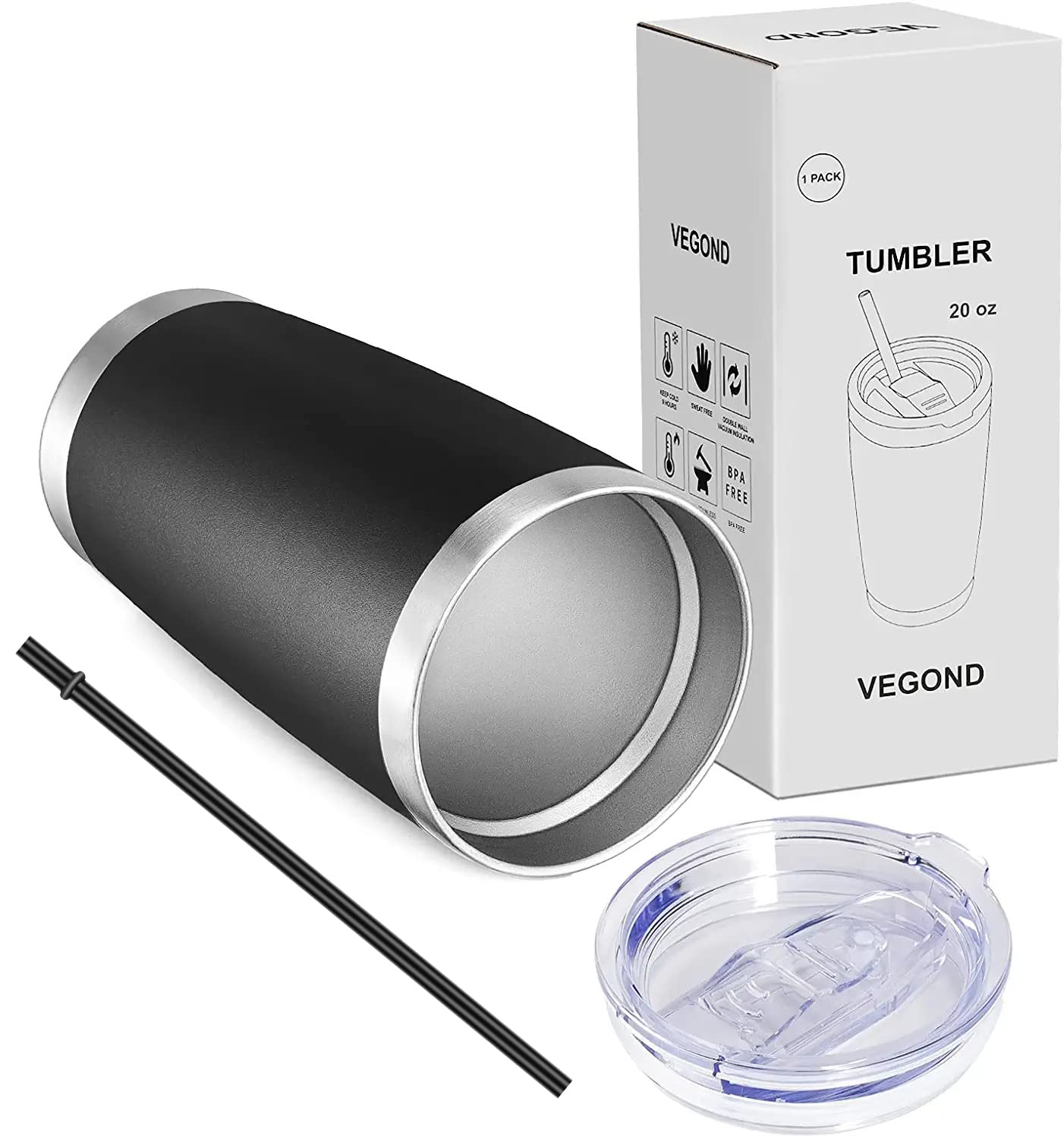 VEGOND 20oz Tumbler with Lid and Straw Stainless Steel Tumbler Cup Bulk Vacuum Insulated Double Wall Travel Coffee Mug Powder Coated Coffee Cup, Black, 6 Pack