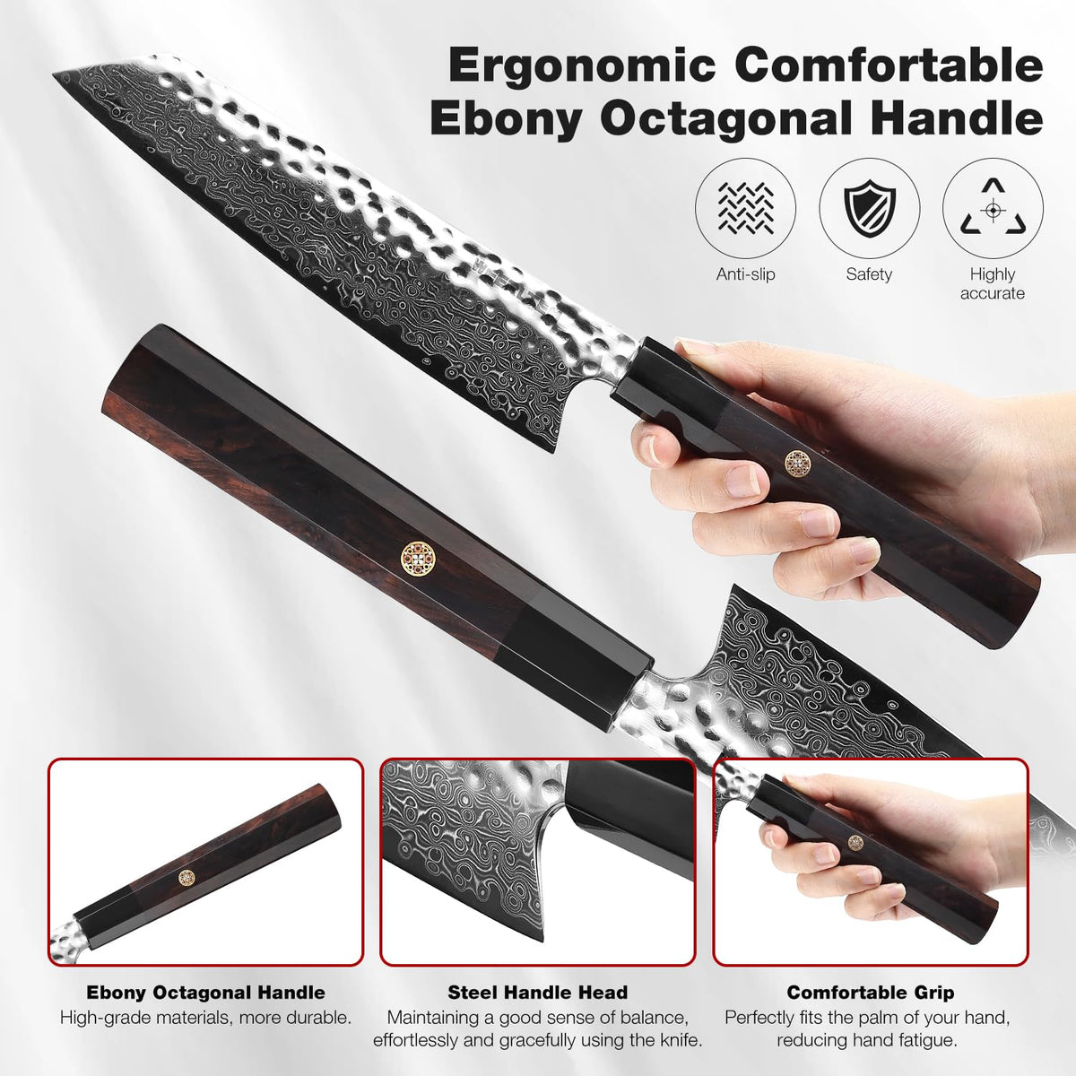 WEERLTEM Japanese Knife, 8 Inch Japanese Kiritsuke Chef Knife, Ultra Sharp Hand-Forged VG10 High Carbon Steel Japanese Damascus Kitchen Knife with Octagonal Ebony Handle & Gift Box