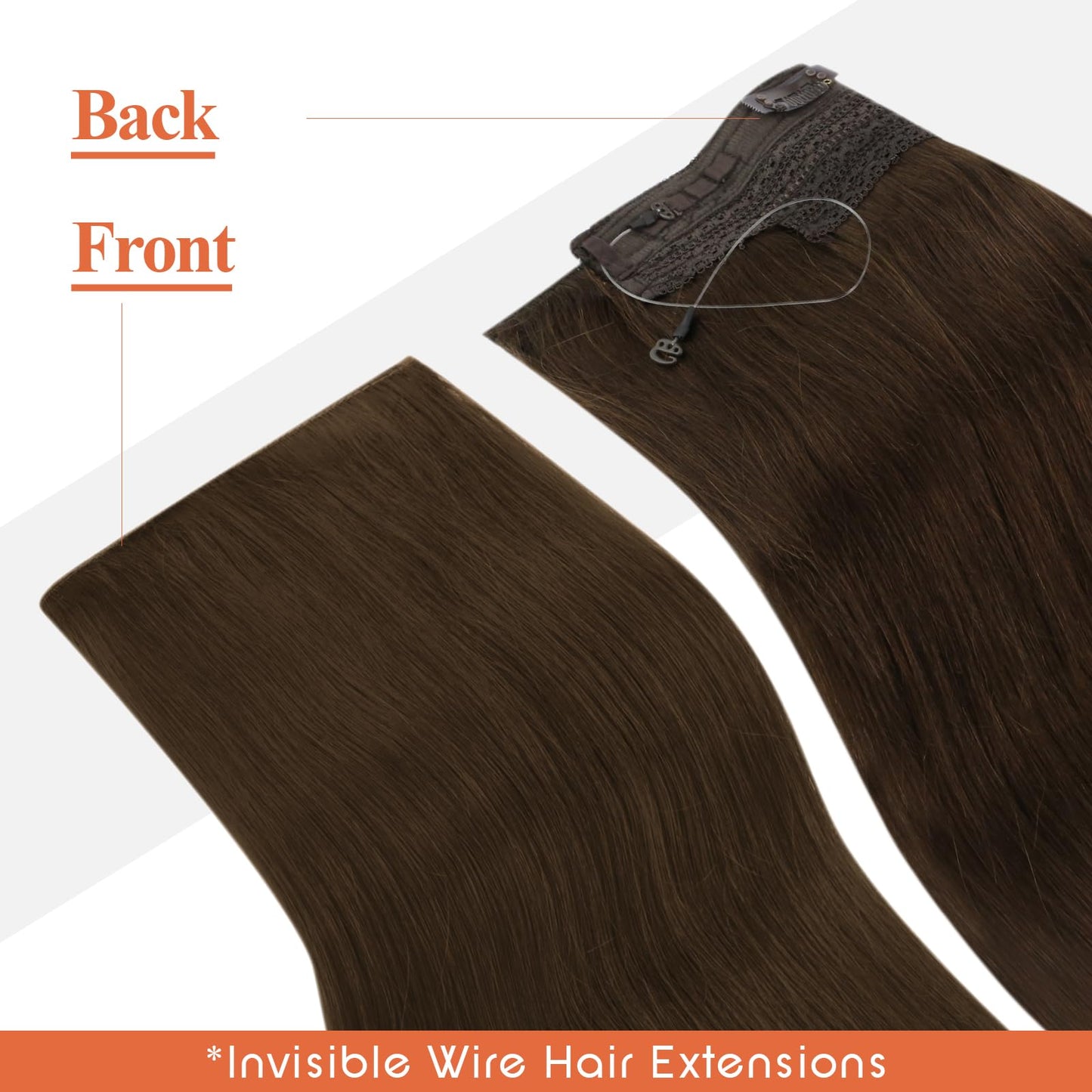 Sunny Hair Wire Hair Extensions Human Hair Invisible Hair Extensions for Women Straight Secret Hidden One Piece Extensions With Adjustable Line Dark Chocolate Brown 18inch